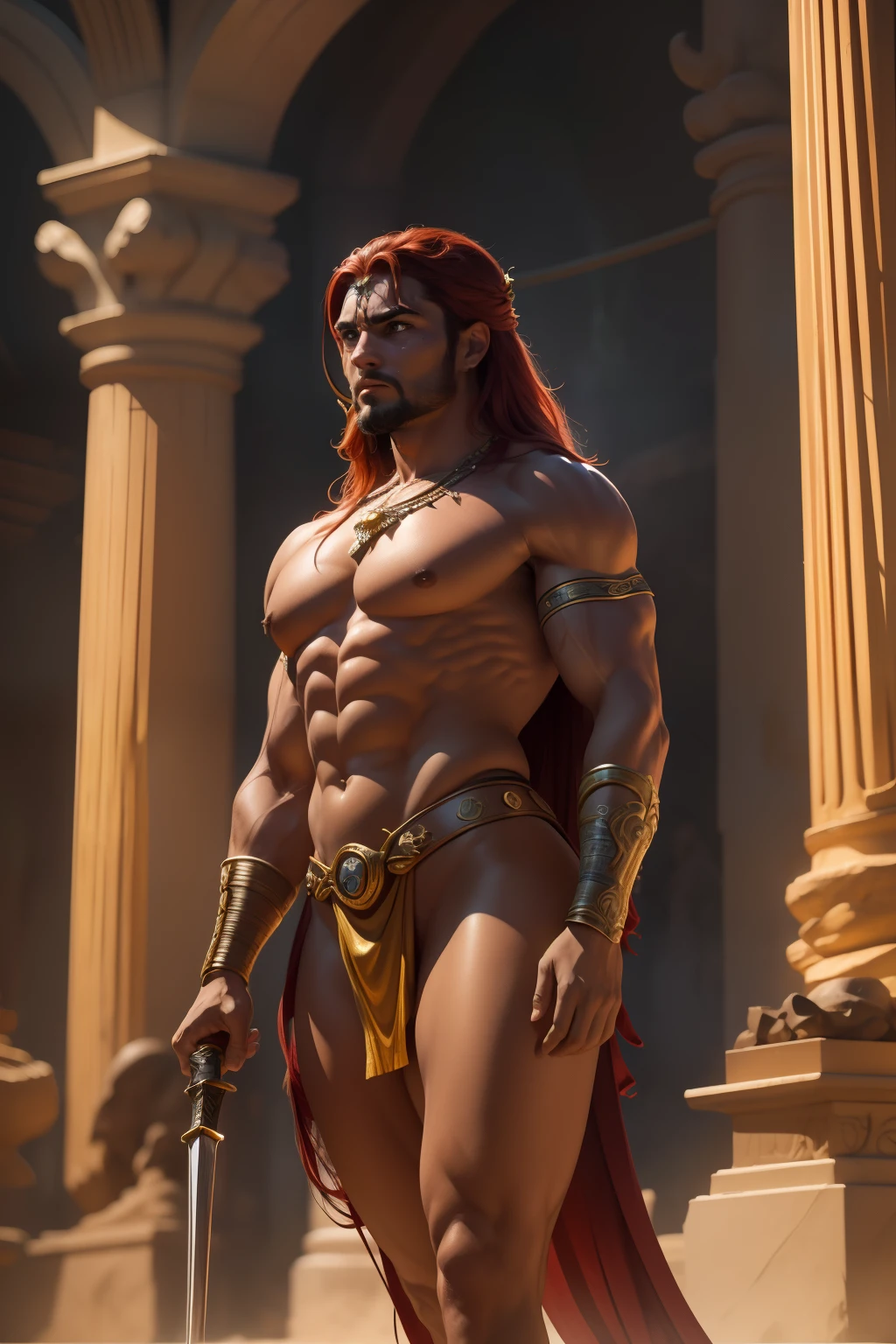 Red Sonja,female character inspired by the creation of Robert Ervin Howard, guerreira Hirkaniana,longos cabelos ondulados,ruivos,olhos selvagens,corpo voluptuoso e atletico,usando uma cota de malha da cor prata combrindo seus seios,tanga curta feita de pele animal,botas de couro bordado envelhecido,suando,standing, totally exuberant and haughty, holding in his left hand a Hirkanian steel sword, preparing for battle;,wild expression. film composition photography, Very detailed, extremely high-resolution, cor profissional, luz maravilhosa, luz do dia, 300k resolution, altamente realista, muitos detalhes.