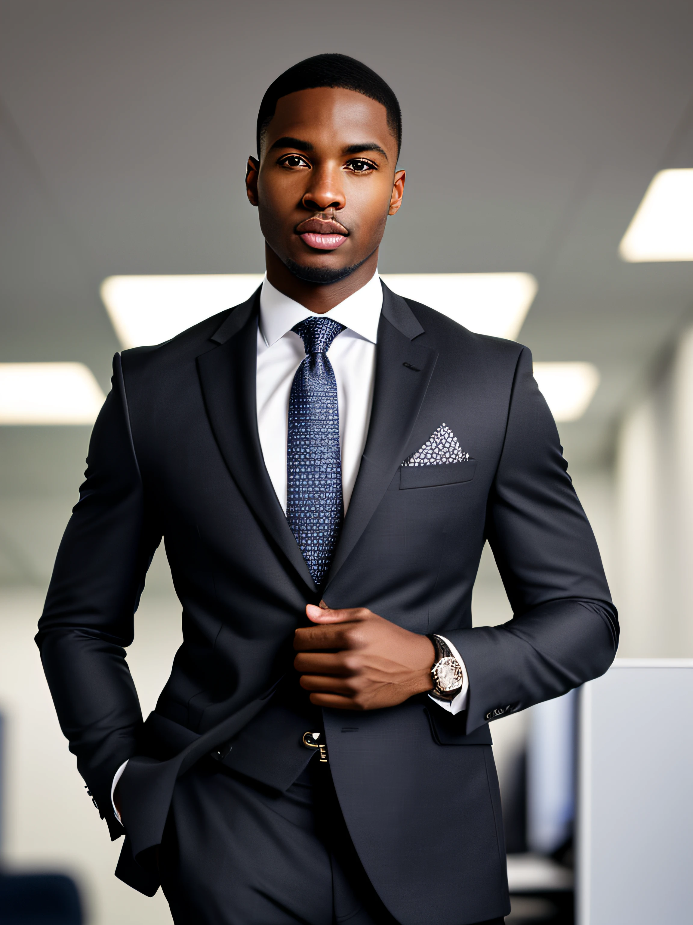portrait, confident, Inspirational, man of black origin, fair skin, heterochromatic eyes, (skin texture), skin pores, shallow depth of field, sharp eye focus, backlit, tapered nose, standing, full body, office room,Thin, tight suit, standing, full body, fortitude, tmasterpiece, professional photo