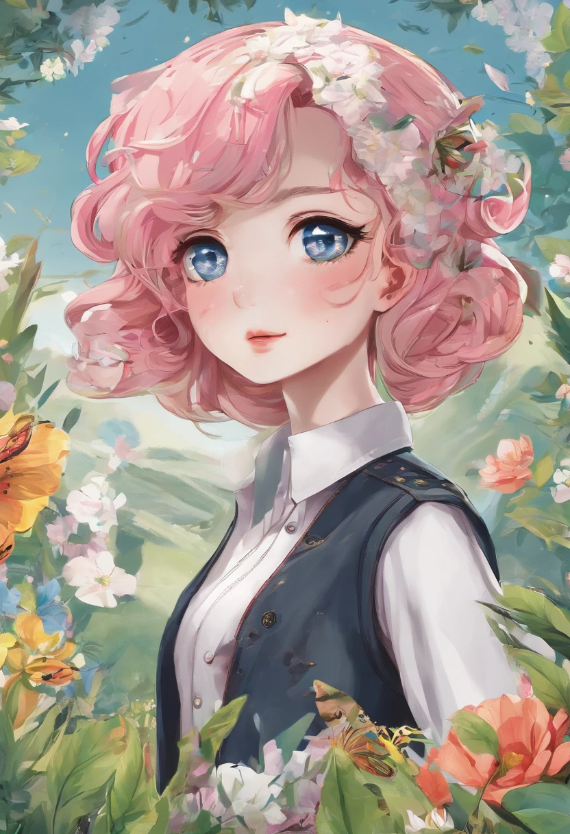 masterpiece, best quality, spring outfit, colorful hair, outdoor, magazine cover ,upper body,