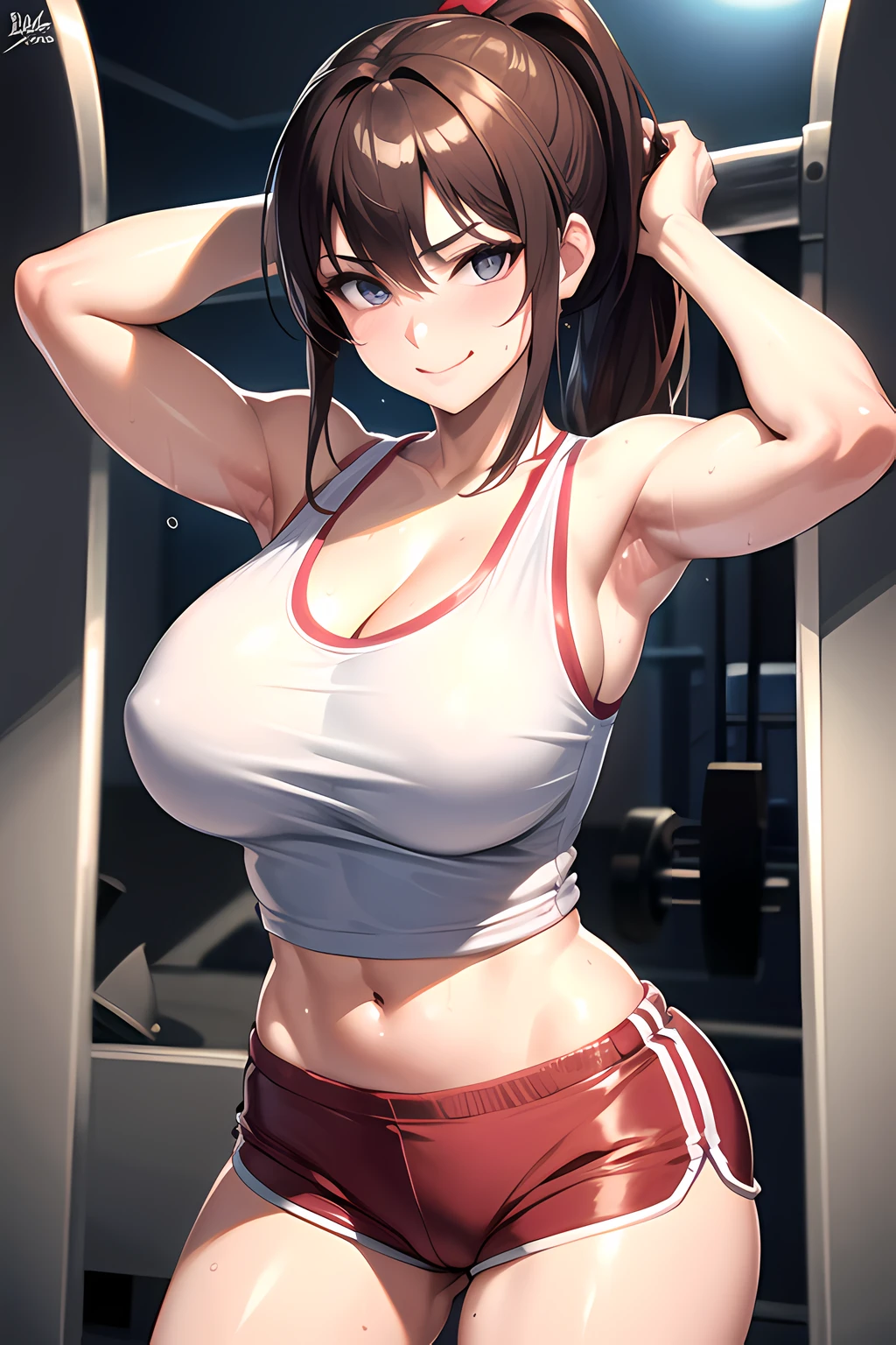 8k,Best Quality,masterpiece,Extremely detailed,realistic,1girl,japanese woman,(big breasts:1.2),cleavage,[[cameltoe]],toned and glamorous body,(Tank tops:1.3),(Hot Pants:1.3),ponytail,Brown hair,smirk,(Sweat on breasts),(fitness:1.3),looking at viewer,cowboy shot,((gym:1.2)),