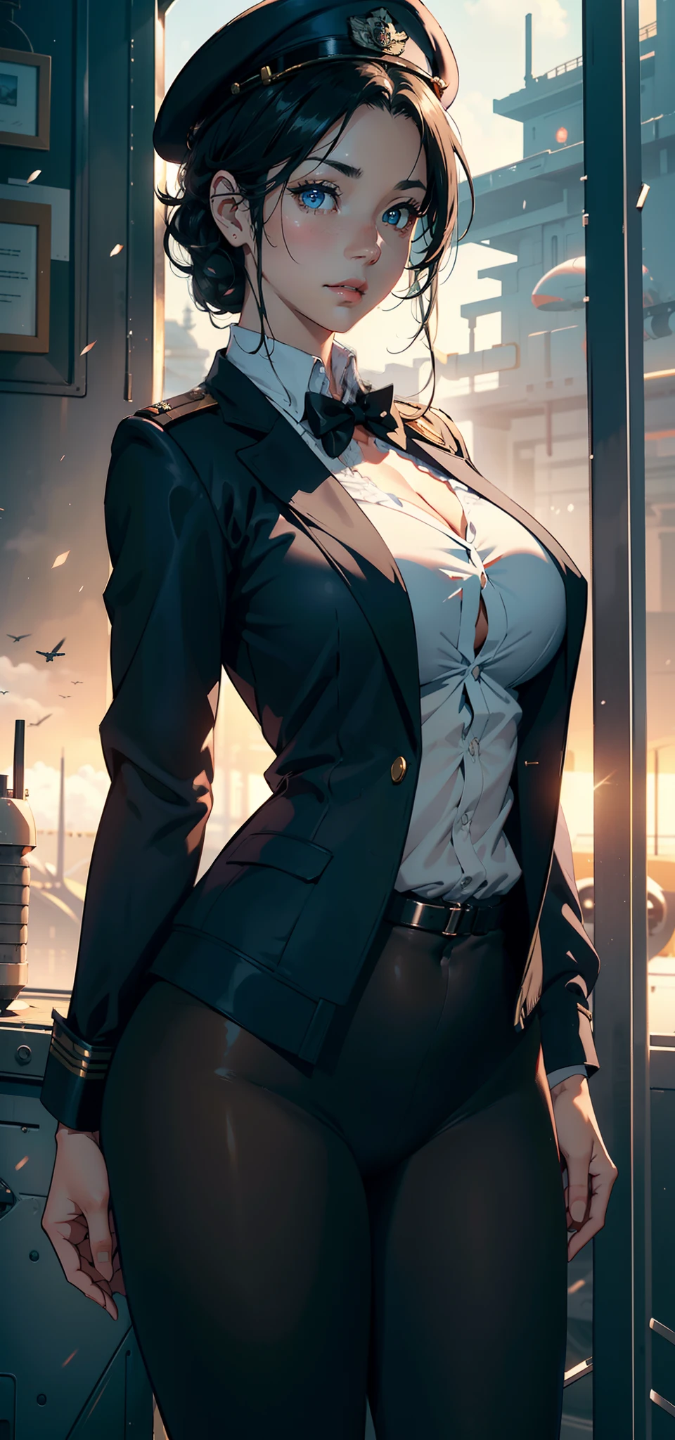 1female,35yo,plumw,extremely large bosom, 独奏,(Background with:Huge machinery,droid,aerodrome,Planes,Huge mechanical armor,) She has very short black hair,bobo head,Stand on the plane,,seen from the front, hair straight, mostly cloudy sky,(((tmasterpiece),(Very detailed CG unity 8K wallpaper),best qualtiy,cinmatic lighting,detailed back ground,beatiful detailed eyes,Bright pupils,Blue eyes,Snow-whiteskin,Redlip(Very fine and beautiful),(Beautiful and detailed eye description),ultra - detailed,tmasterpiece,))facing at camera,A high resolution,ultra - detailed),revealing breasts,Bare genitalia, Bulge,legs are open,Raised sexy,Camel toes,Flushed complexion,Desire for dissatisfaction,frontage,British Air Force,Aviator,Officer's cap(Wearing:blazer jacket,tailcoat,White color blouse,a black bowtie,Black pantyhose,Bare breasts,with no underpants,Bare genitalia,Bare breasts)Steampunk City