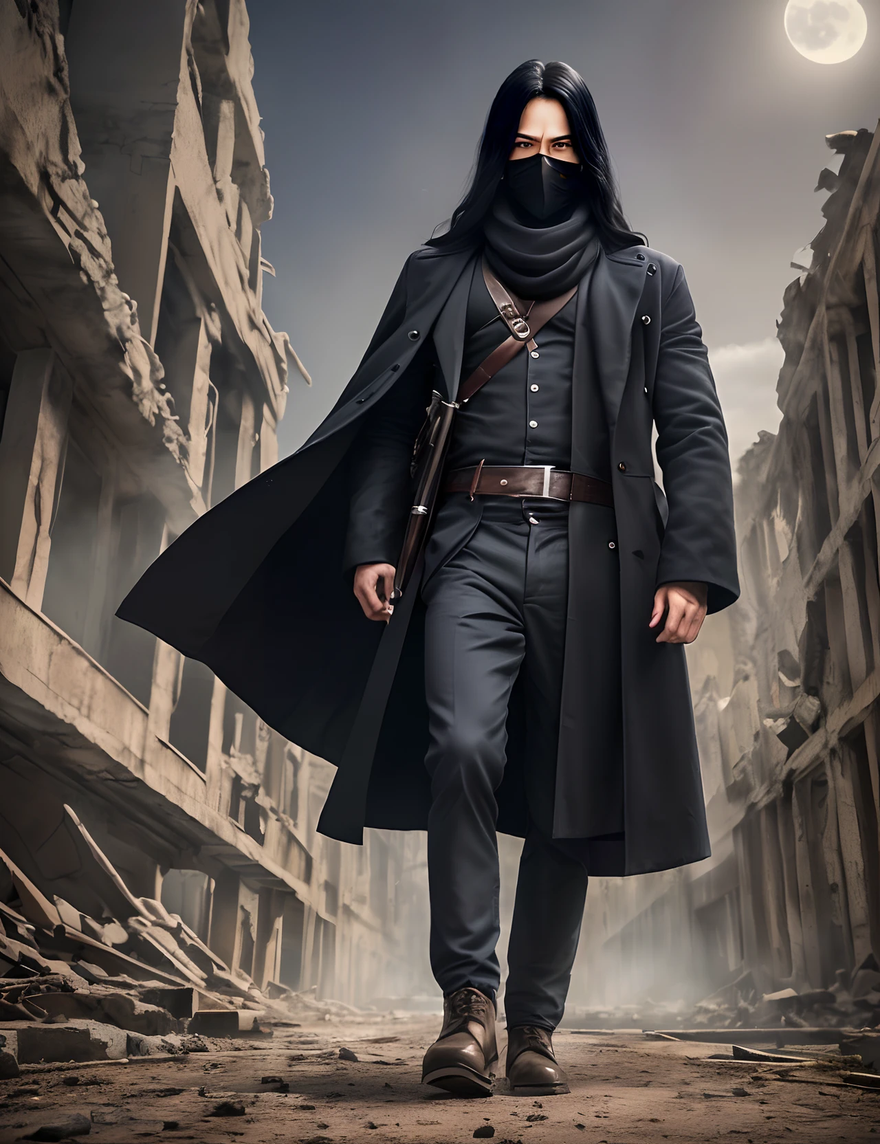 male, black mask, (RAW photo, 4k, masterpiece, very high resolution, extremely complex), (night), (moonlight), (realistic: 1.4), (full body), (full body), Lighting cinematic, (((a male character))) , Single focus, epic, medieval\(Style \ ), (best quality), (Very tall), (long, wavy black hair), (heavy black scarf), staring eyes , (full body black coat), (8k expressionless face), (brown eyes), (ULZZANG-6500:1.0), (only), (spectators), (glare), (side), (amid ruins old) ,((speed)),(reality), holding a katana --auto --s2