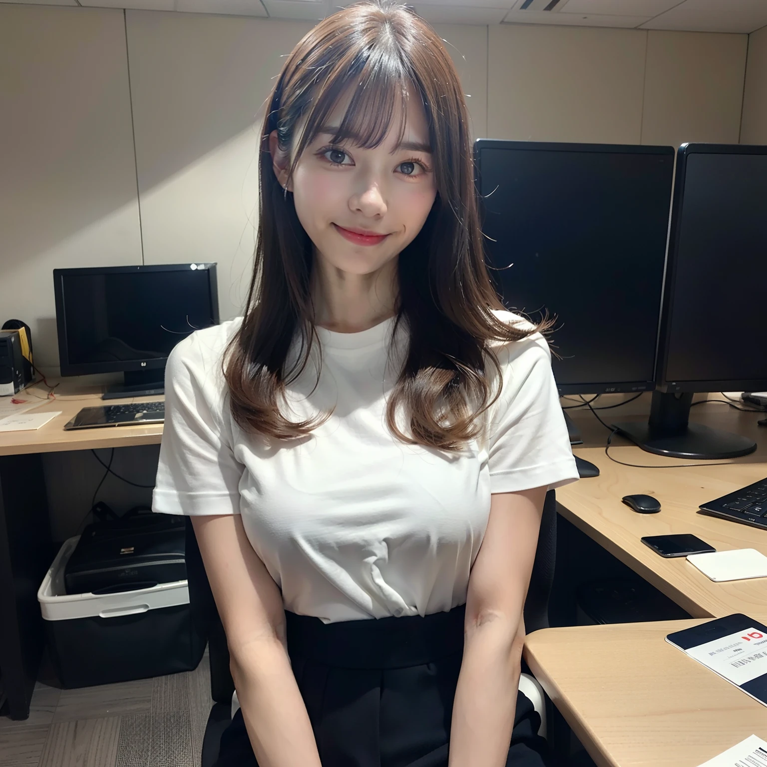 hight resolution, top-quality, Perfect dynamic composition, Beautiful detailed eyes, off shoulders、Radiant hair、Medium Hair, Natural Color Lip, 25-years old、a secretary、A slight smil、Standing figure(eye glass、a secretaryのスーツ、Black tights、white shirt)