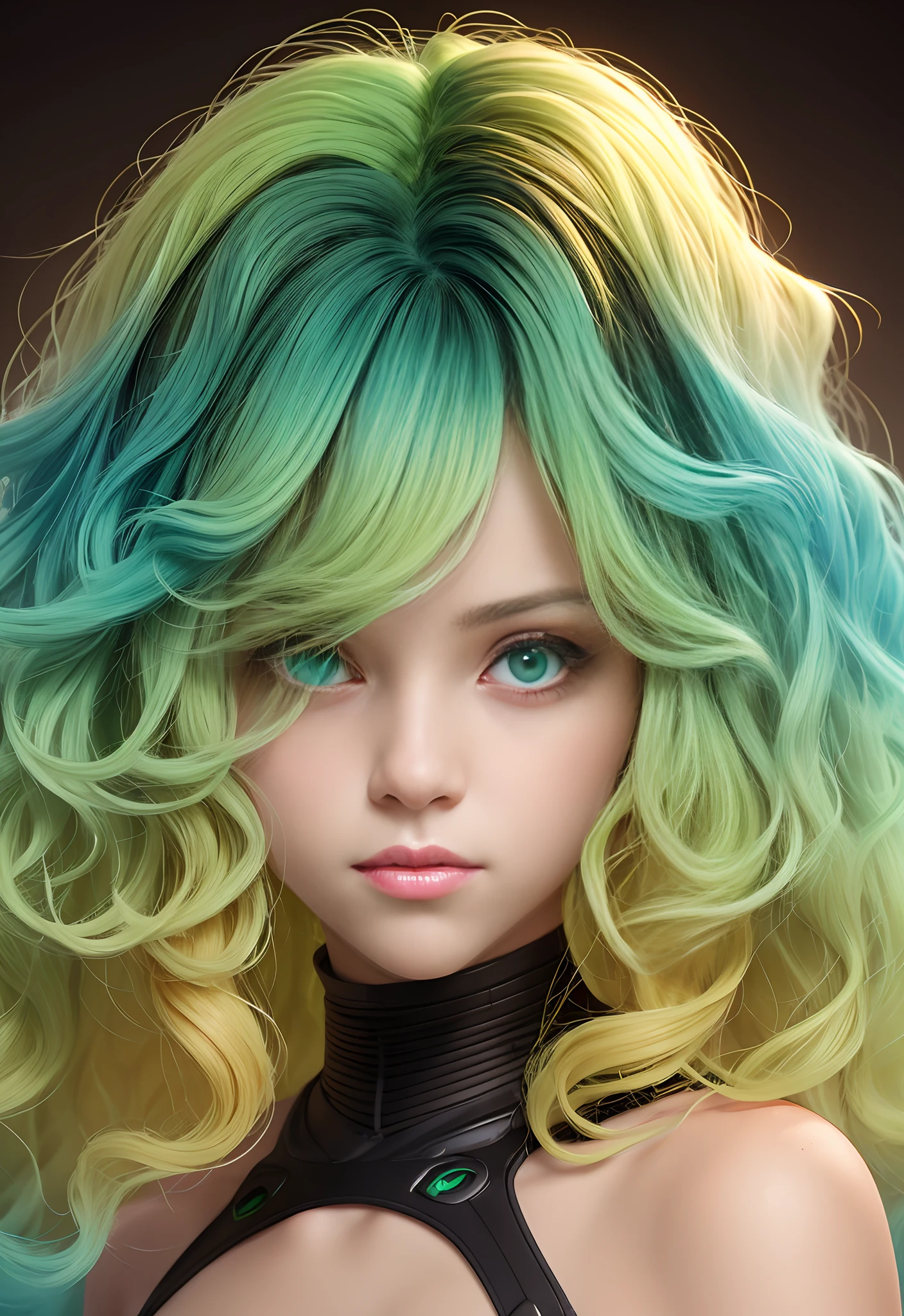 1girl in, Solo, Solo Focus, Portrait, Half Aqua, Half Green, ((Brown hair)), (Yellow hair), (Gradient Hair :1.5), Curly hair, ((Pink eyes)), ultradetailed eyes, asa, (Caramel black skin:1.1), Best Quality, Ultra-detailed,