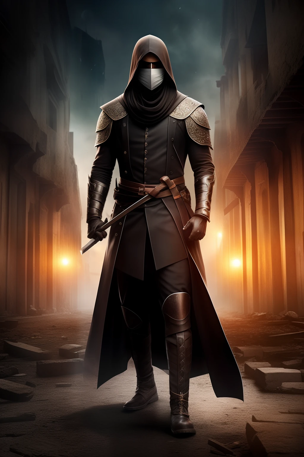 male, black mask, (RAW photo, 4k, masterpiece, very high resolution, extremely complex), (night), (moonlight), (realistic: 1.4), (full body), (full body), Lighting cinematic, (((a male character))) , Single focus, epic, medieval\(Style \ ), (best quality), (Very tall), (long, wavy black hair), (heavy black scarf), staring eyes , (full body black coat), (8k expressionless face), (brown eyes), (ULZZANG-6500:1.0), (only), (spectators), (glare), (side), (amid ruins old) ,((speed)),(reality), holding a katana