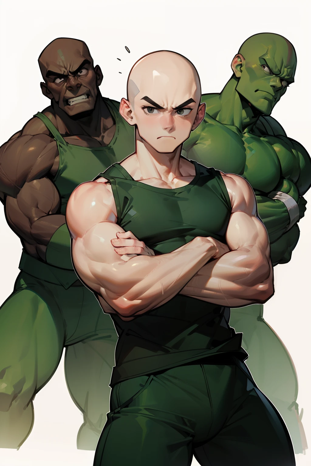 Big muscular man、Bald head、Green Tank Top、Military pants、Lack of eyebrows、Black eyes、bad looking、Clumsy face、Bad face、rascal、Pure white background、Arms crossed、eyes are small、Enemies of American comics、Nasty face、