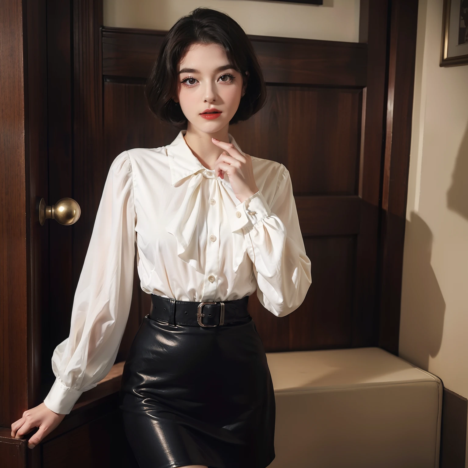 Mallory Malone's costume description is very detailed and、、、Features a unique and interesting style. In a white long-sleeved blouse of your choice、A fitted black knee-length skirt with red accents creates a striking visual contrast. The addition of a black heel with ankle strap is、Adds a classy touch to the look. Apart from clothes, Vintage 1950s Bob Hairstyles、Adds a retro and timeless element to Mallory Malone's style. This type of hairstyle is、Known for its neat and short appearance, Typically、Jaw length with both ends turned inward. This hairstyle selection is、Add a vintage touch to the look、Complements Mallory's overall style. Makeup also plays an important role in the appearance of Mallory Malone. Although there are no specific details about makeup mentioned in the description, It is possible to imagine that she may be rocking a 1950s-inspired look.