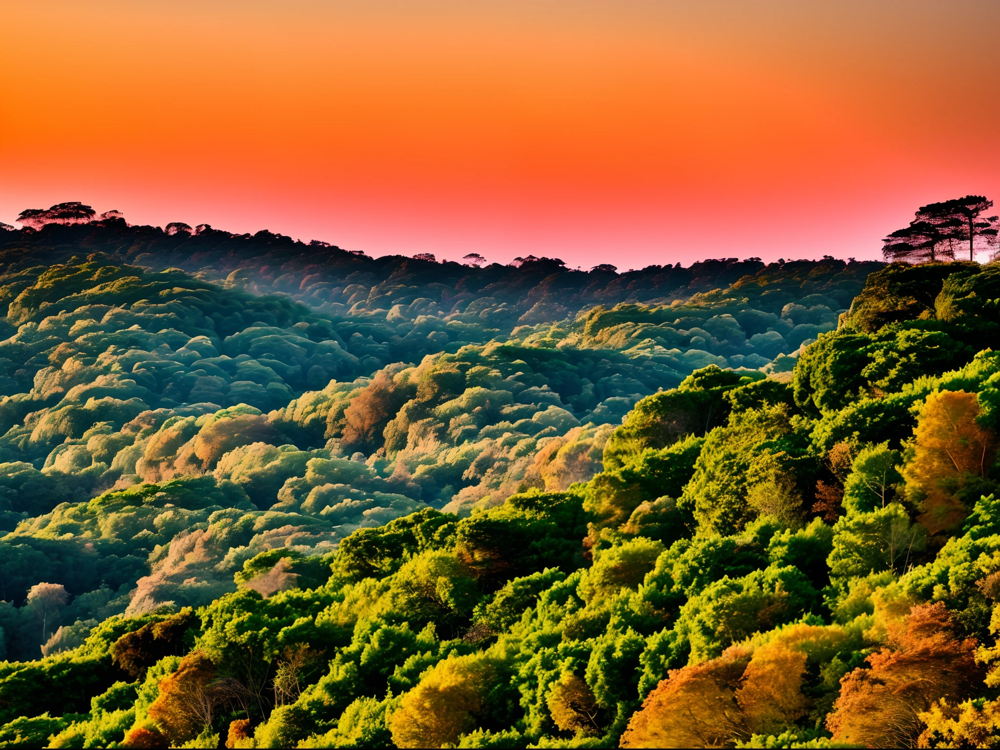 Scenery of a forest seen on the horizon above a wall, paisagem expansiva, orange sky, por do sol, detalhado, Panning, muralha