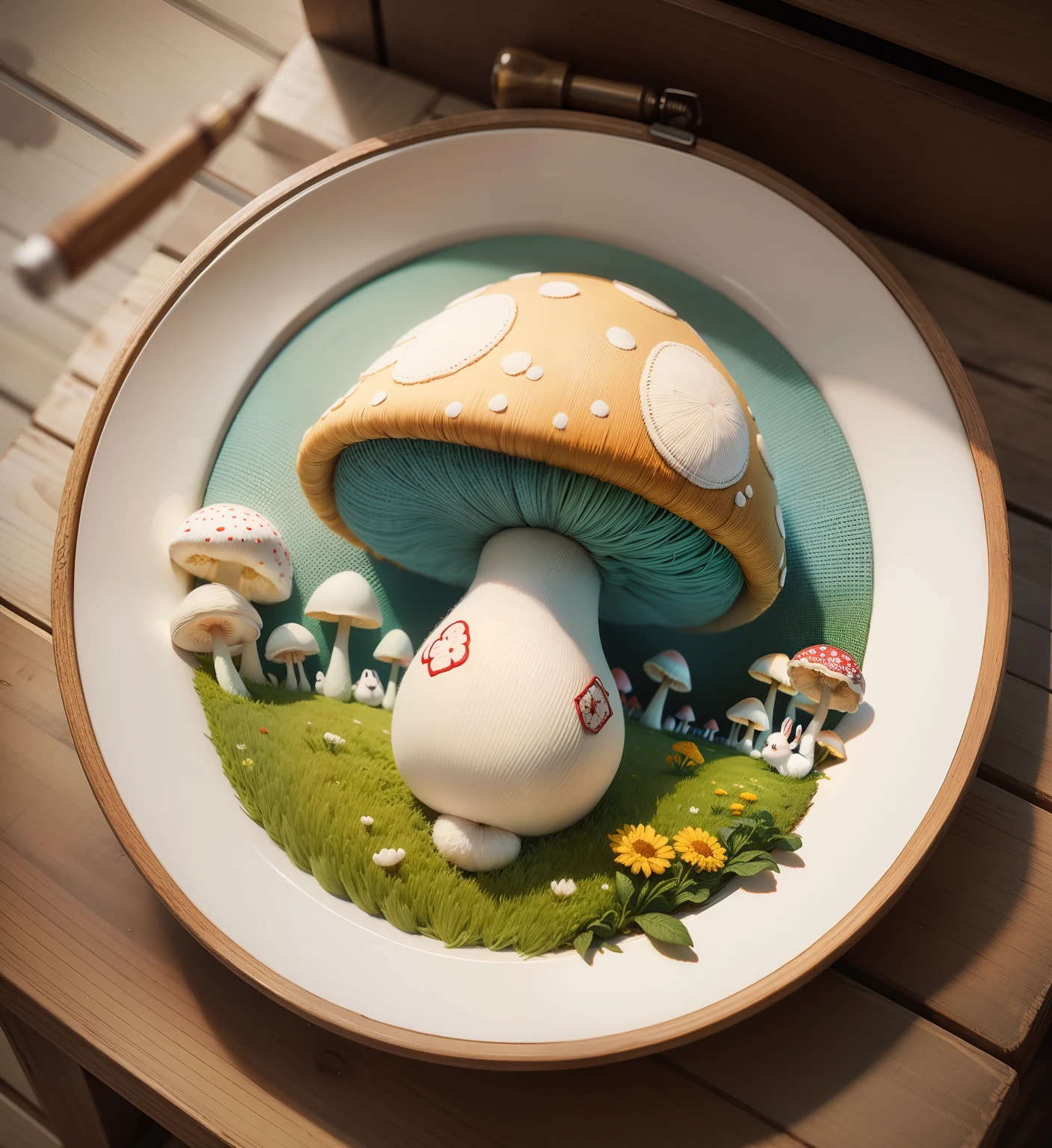 Embroidered mushroom rabbit oil painting