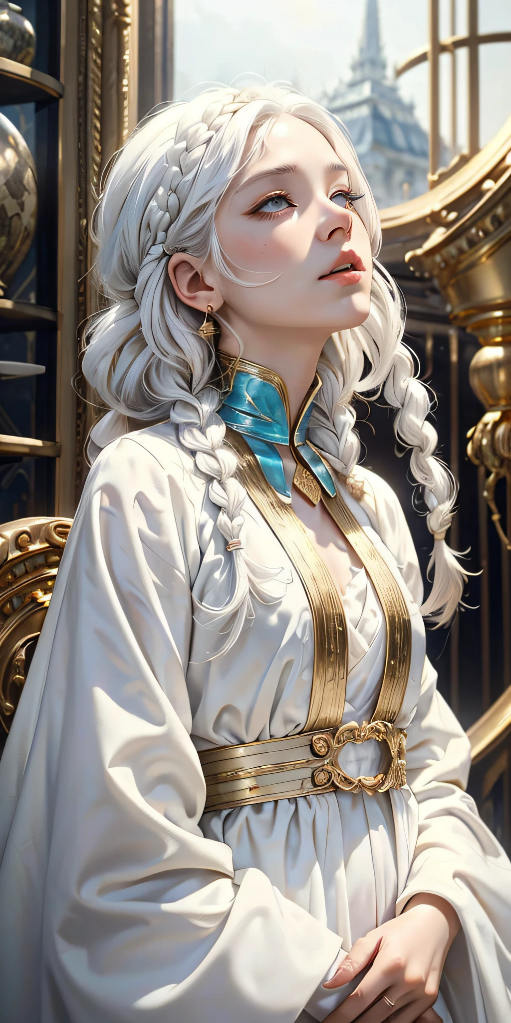 best quality, masterpiece,white hair, gold eyes,white clothes, looking up, upper body,hair strand,Fair skin,side braids