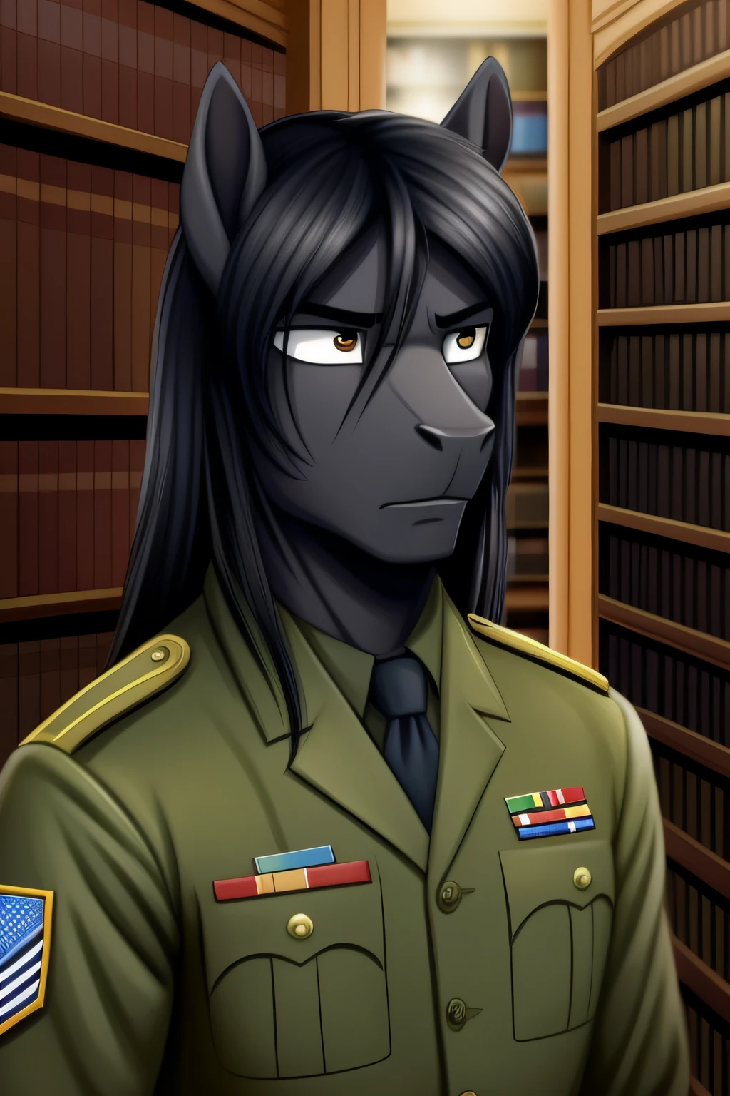 Painted portrait of the face of a serious, adult quadruped pony, he wears military uniform and has an uneasy expression on his face, long black hair, in the background a bookstore.