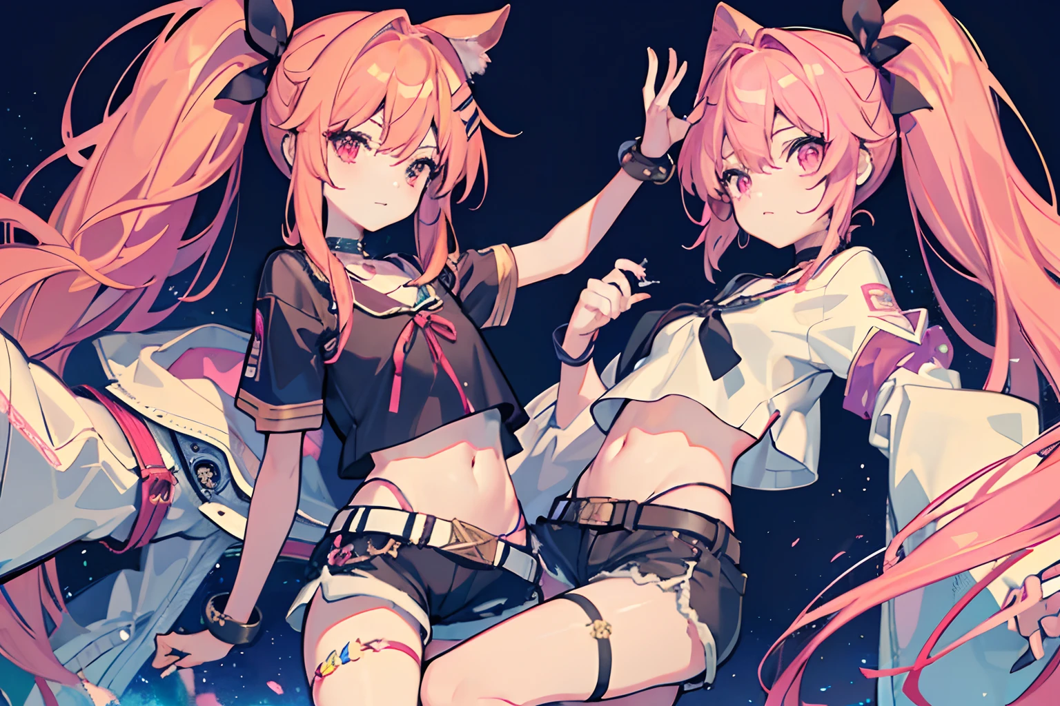 ,twins, Masterpiece,Best quality,offcial art,Extremely detailed Cg Unity 8K wallpaper, 2girls, cute female child, Yuri, hair adornments, Short shorts, Crop top, ribbon_choker necklace, leg belt,