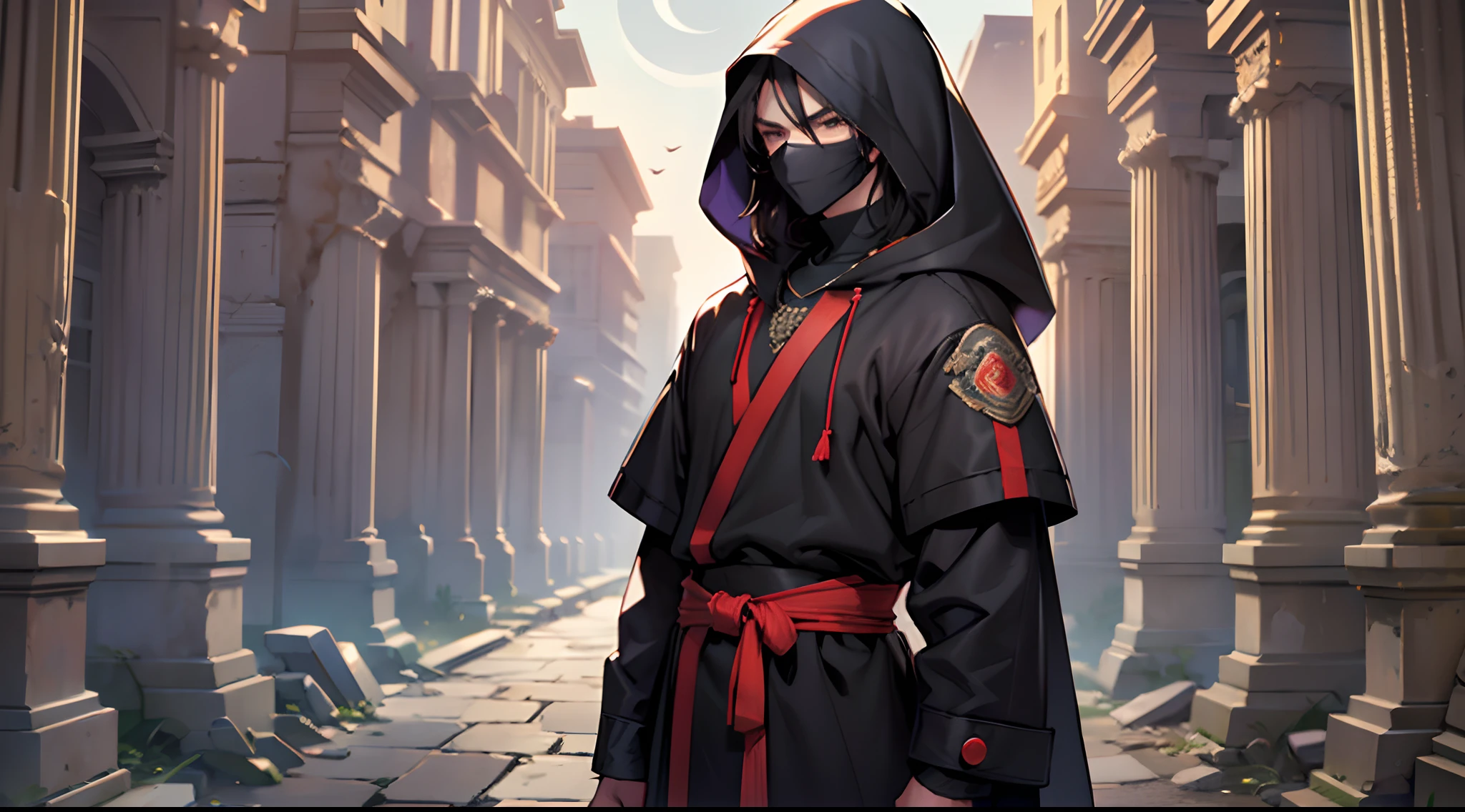 male,no hood,(black mask covering mouth),(RAW photo, 4k, masterpiece, very high resolution, extremely complex),(night),(moonlight),(realistic: 1.4),(full body) , Cinematic lighting , (((a male character))) , Single focus, epic, medieval\(Style \ ), (best quality), (Very high), (long, wavy black hair), (neck tissue covering up to the chin), fixed eyes, (full body black coat), (8k expressionless face), (brown eyes), (ULZZANG-6500:1.0), (only), (spectators), (glare), (side), (amid ancient ruins),((speed)),(reality), holding a katana --auto --s2