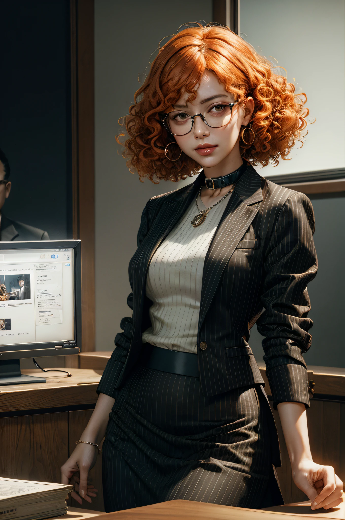 Masterpiece, Best quality, beautiful woman with (curly:1.3) (short:1.3) orange hair wearing a pinstriped office suit, burberry skirt, rectangular eyeglasses, talking to a jury in a courtroom
high reflection, collar
Absurdres,
Sharp focus, low lighting, global illumination, depth
of field, 8K, wallpaper, dramatic shadows, (realism)
Hyperrealistic, award winning 3D render, trending on
CGSociety, smiling, (realism:1.3)