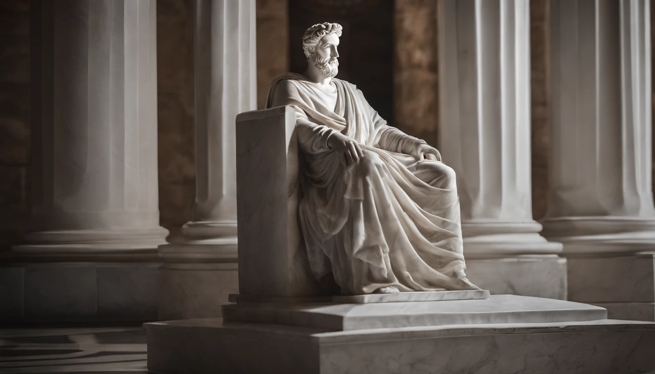 imagem preta e branco, A carefully detailed realistic Greek white marble statue of Marcus Aurelius wearing a ghostly toga, fundo sombrio, Moody, , fotorrealista, Jantar de cinema atencioso, super detalhada, Hiper realista, pouca luz, 8k