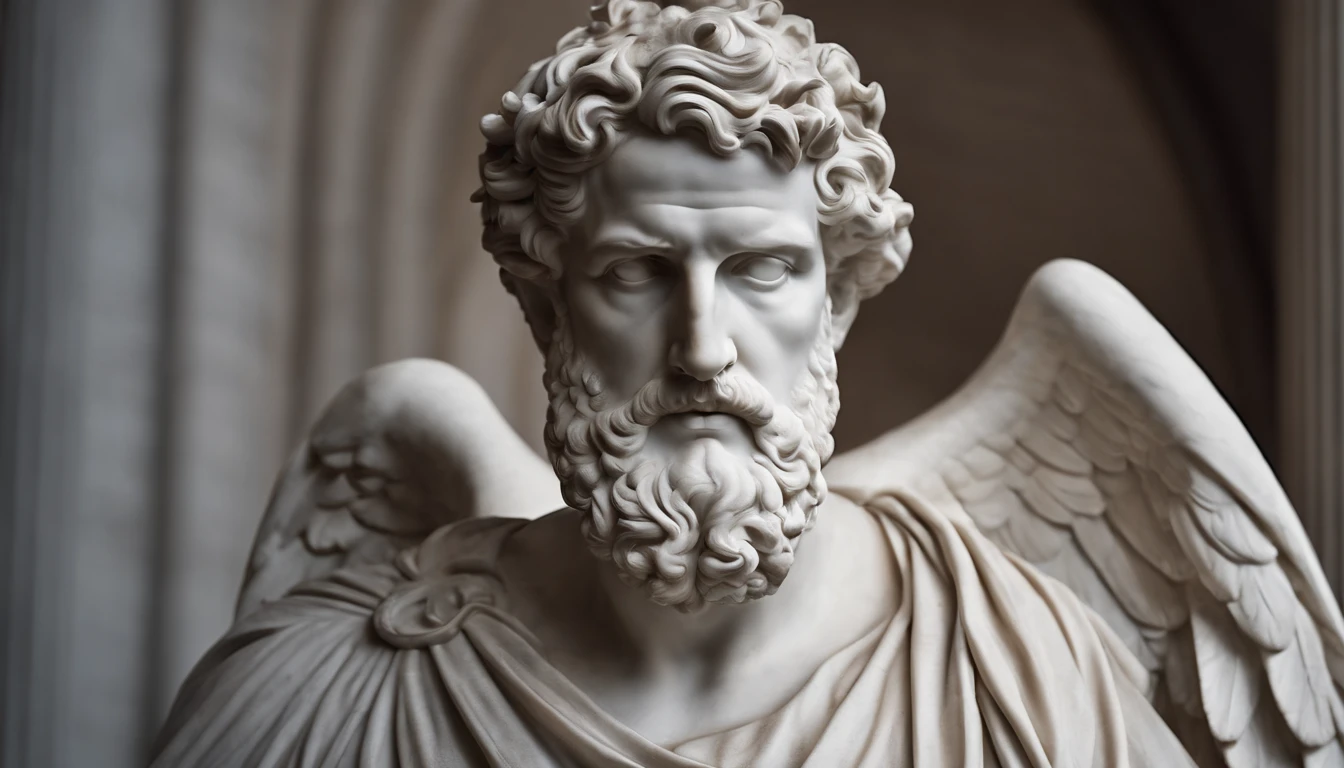 imagem preta e branco, A carefully detailed realistic Greek white marble statue of Marcus Aurelius wearing a ghostly toga, fundo sombrio, Moody, , fotorrealista, Jantar de cinema atencioso, super detalhada, Hiper realista, pouca luz, 8k