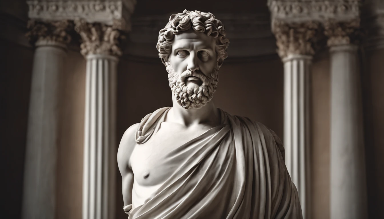 imagem preta e branco, A carefully detailed realistic Greek white marble statue of Marcus Aurelius wearing a ghostly toga, fundo sombrio, Moody, , fotorrealista, Jantar de cinema atencioso, super detalhada, Hiper realista, pouca luz, 8k