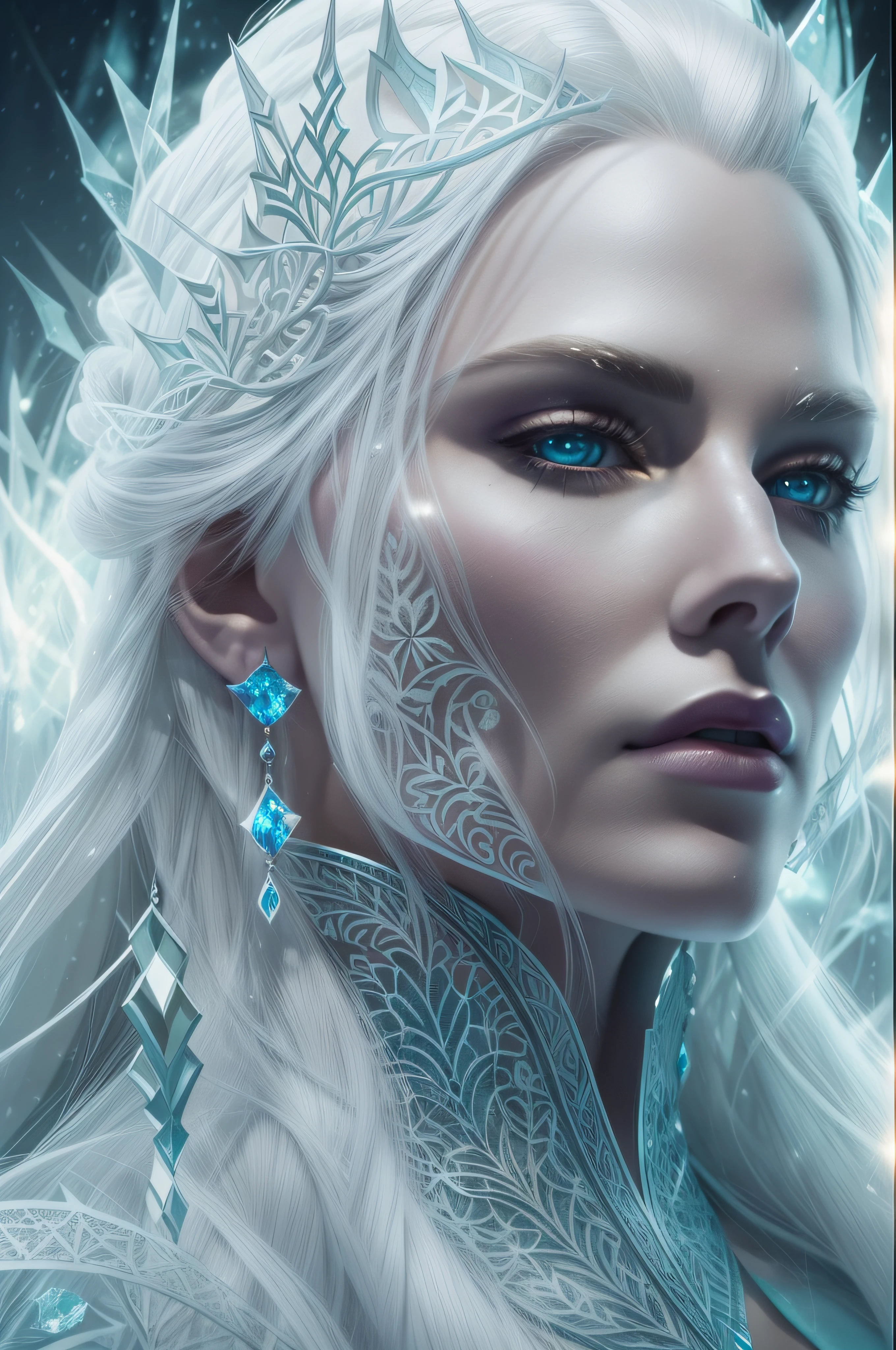 A portrait of a beautiful Villain Snow Queen, perfect body, long white hair, frost reflecting off face, by Viktor Miller, Kyle Lambert, Charlie Davis, Bridget Fonda, divine proportion, ink, artwork, cinematic, 16k, sharp focus emitting diodes smoke sparks artstation hyperrealism painting concept art of detailed character design matte painting