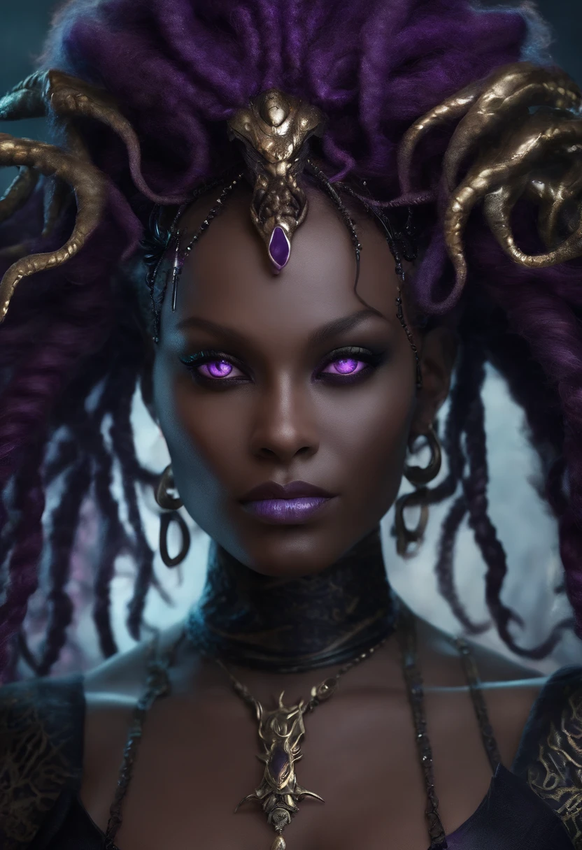 Portrait, Concept art, Character design, Highly detailed, High Quality, Color diffusion, close-up shot, Demonic Creature, Interdimensional creature, female creature, dark purple Human skin, tentacle hair, dreadlocks, Purple eyes, Sexy Villainess, Seductive monster, Lust creature, Sexy attire, Fantasy clothing, Sci-Fi Themed