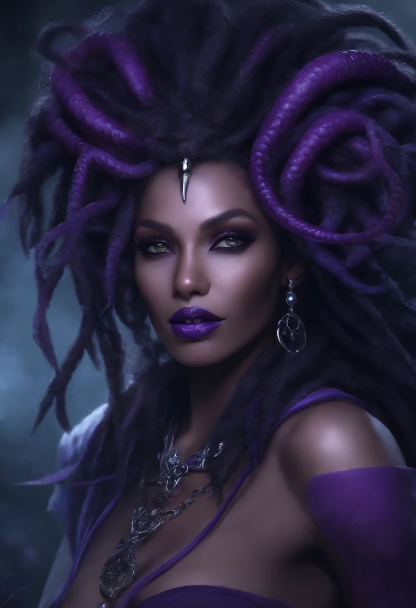 Portrait, Concept art, Character design, Highly detailed, High Quality, Color diffusion, close-up shot, Demonic Creature, Interdimensional creature, female creature, dark purple Human skin, tentacle hair, dreadlocks, Purple eyes, Sexy Villainess, Seductive monster, Lust creature, Sexy attire, Fantasy clothing, Sci-Fi Themed