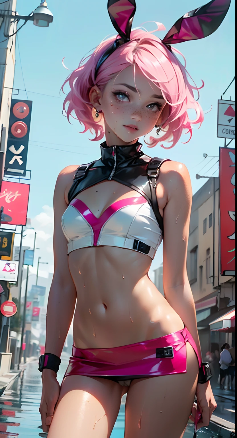 cute little bunny ,(((little lolill tiny body,petite))),(((6 years ttle bunny loli with extremelye and beautiful fuchsia hair)),(((bunny girl,anthro furry cute,bunny-girl))),(((bunny ears,bunny ears on head,big bunny ears))),
(((flat chest))),(((fuchsia hair:1.35,short fuchsia hair,colored inner hair,ear breathing,))),((heterochromia:1.5,eye1 fuchsia,eye2 pink,perfect eyes,upturned eyes:1.3,beautiful detailed eyes,finely detailed beautiful eyes:1,big highlight on eyes:1.2,slanted eyes)),(((freckles on the face,freckles,freckled girl))),(((lustrous skin:1.5,bright skin: 1.5,skin tanned,shiny skin,very shiny skin,shiny body,plastic glitter skin,exaggerated shiny skin,illuminated skin,wet legs))),(delicate detailed fingers,detailed body,detailed arms,human hands,(detailed face)),
cute,slutty,,erotic,(((nsfw))),
zettai ryouiki,revealing clothing,show skin,((rave shirt,neon colored shirt,rave mini-skirt,visible thong straps)),(wearing a rave outfit:1.3,rave clothes,semi-naked,with little clothing),((wet clothes,detailed outfit,detailed clothes)),
(dynamic pose:1.0),solo focus,embarrassed,(centered,scale to fit dimensions,Rule of thirds),
cyberpunk city by the ocean at night, with bright neon signs and dark stormy clouds and puddles,
High resolution, sharp focus, (ultra detailed, extremely detailed), (photorealistic artwork:1.37), 8k wallpaper,((synthwave background theme)),(((vibrant colors,))),(intricate),masterpiece,(best quality),synthwave neon colors,