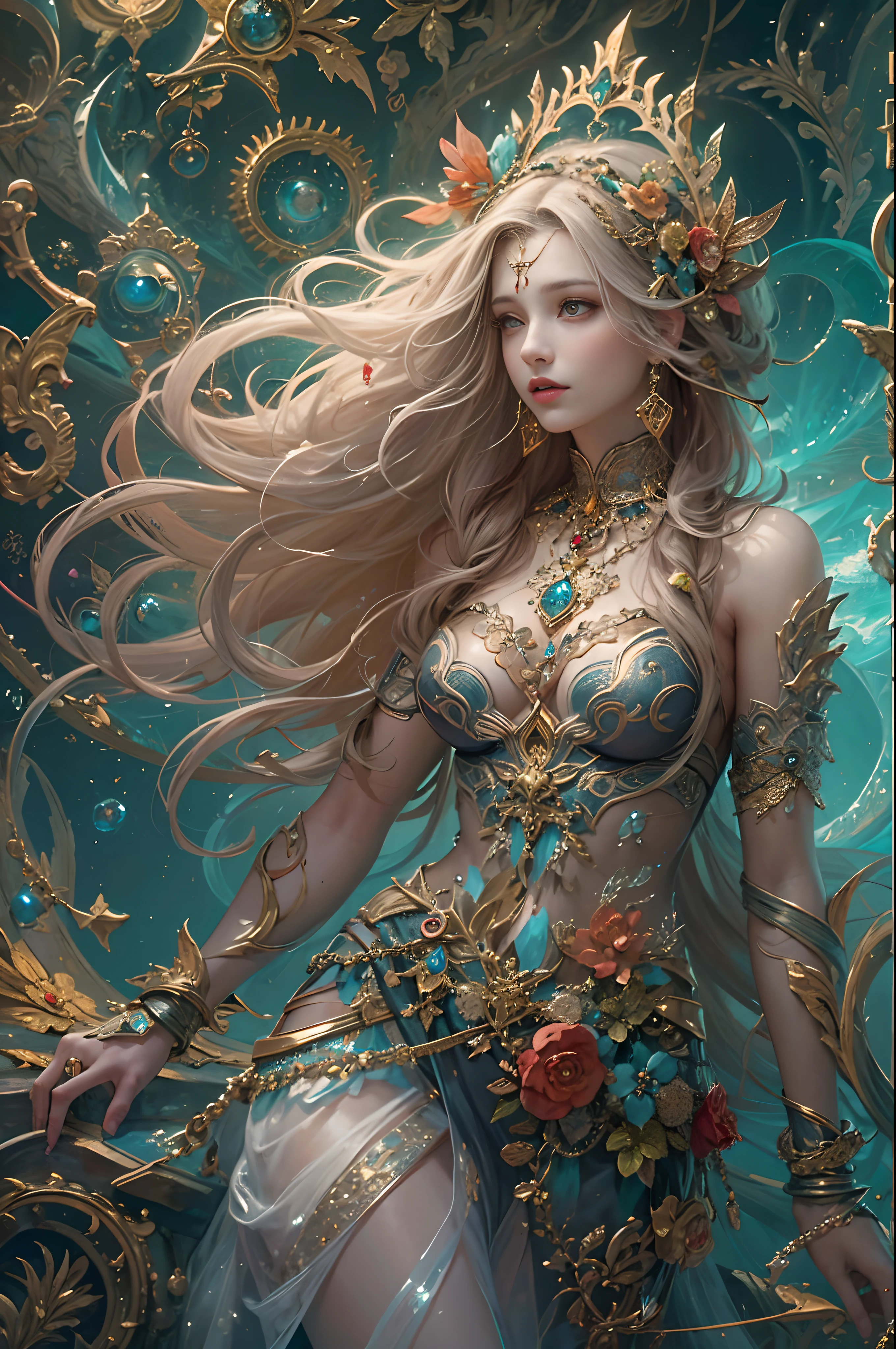 (masterpiece, top quality, best quality, official art, beautiful and aesthetic:1.2), (1 fantasy girl), extremely detailed, ornate jewellery, long shapeless hair, (fractal art:1.3),colorful,highest detail.