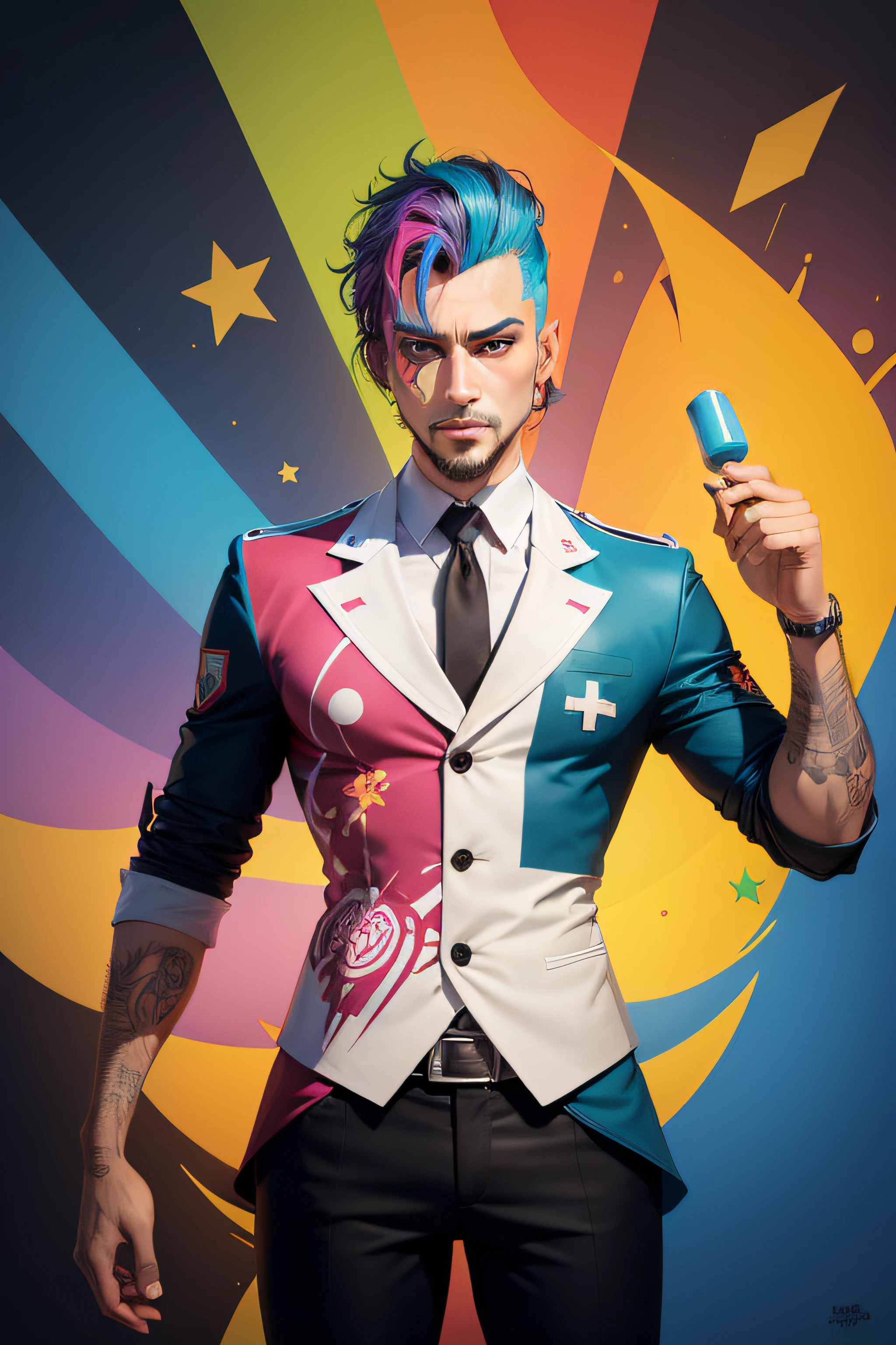 presentador circo Arte vectorial, Colorful graffiti illustration, medic, en el centro, colores brillantes, salpicaduras y manchas de pintura, High detail, fondo blanco