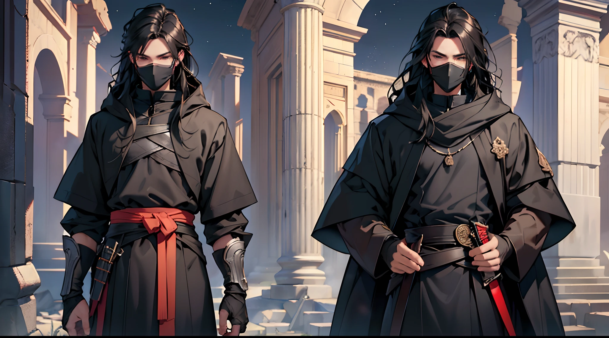male,no hood,(black mask covering mouth),(RAW photo, 4k, masterpiece, very high resolution, extremely complex),(night),(moonlight),(realistic: 1.4),(full body) , Cinematic lighting , (((a male character))) , Single focus, epic, medieval\(Style \ ), (best quality), (Very high), (long, wavy black hair), (neck tissue covering up to the chin), fixed eyes, (full body black coat), (8k expressionless face), (brown eyes), (ULZZANG-6500:1.0), (only), (spectators), (glare), (side), (amid ancient ruins),((speed)),(reality), holding a katana --auto --s2
