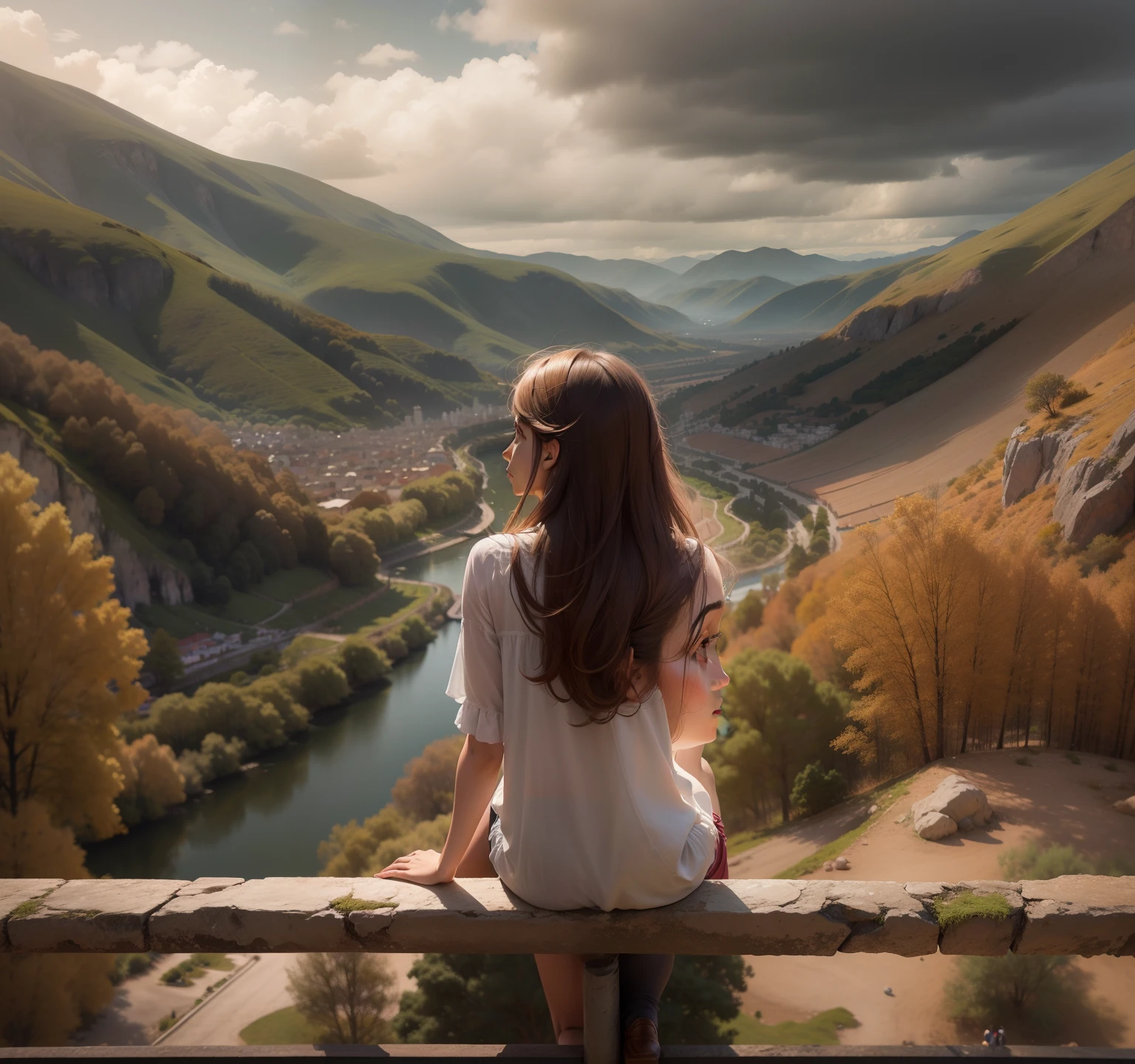 mujer observando en medio del paisaje, desde las alturas. efecto realista