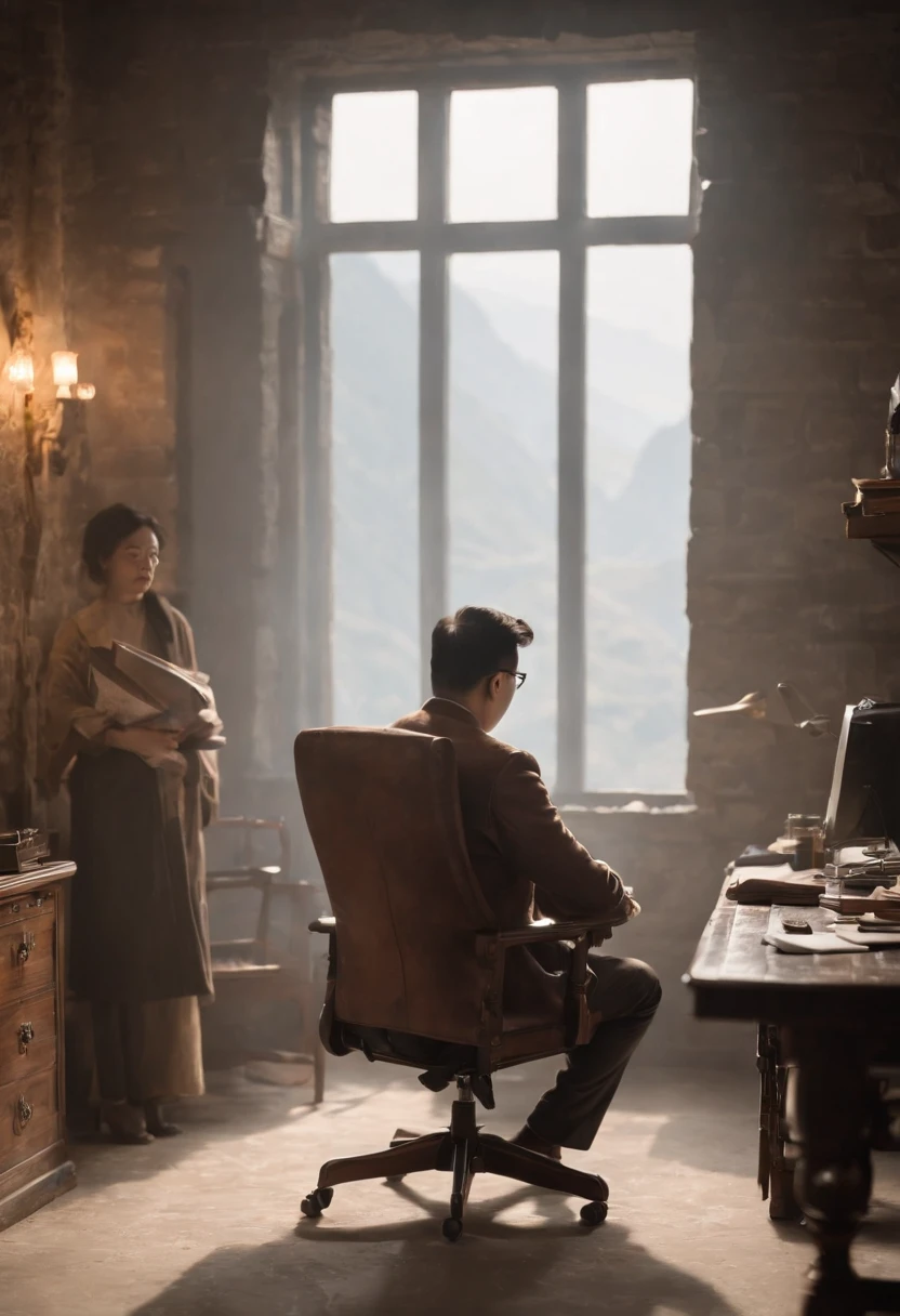 Wasteland, Apocalypse, Barren planet Venus, Cinematic, Volume lighting,The Arafed man sits in a chair in his office，holding laptop, zeng fanzh, huifeng huang, Liang Xing, Wang Qichao, xintong chen, Leng Jun, jinyiwei, phong yintion j - jiang geping, xiang duan, wang liang, yintion j - jiang geping