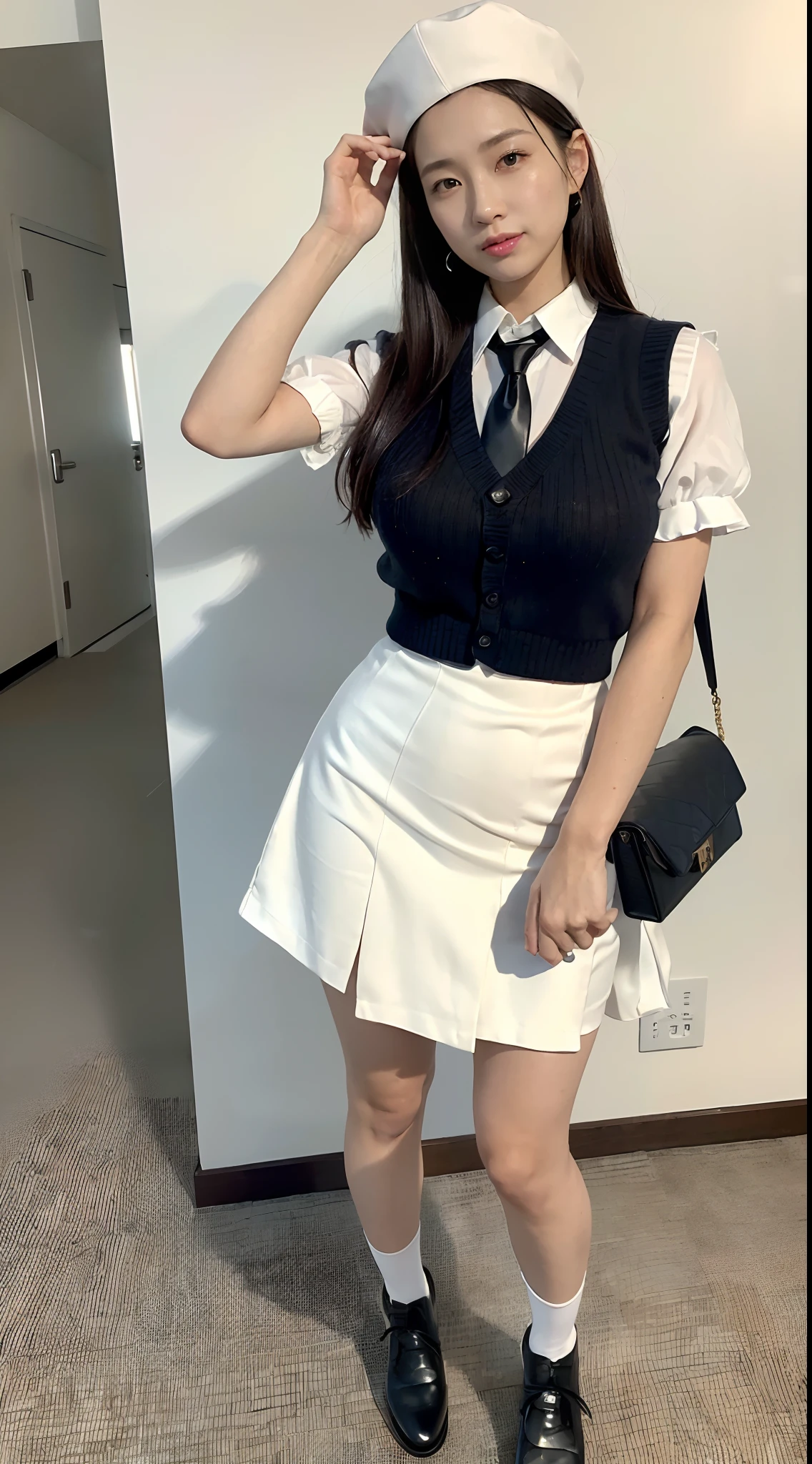 mix4, (16 K, Raw photography, Top image quality, masterpiece: 1.45), (realisitic, Photorealsitic: 1.37), one girls, 7.5, etc,cute little, A city scape,, profetional lighting, photon maping, Radio City, physically-based renderingt, Gradient black hair,, a handsome, girl with, (((student clothes、Silk white blouse with short sleeves、Dark blue knitted vest、White Silk Mini Skirt、No red tie pattern、Black High Socks、Black Loafers Leather Shoes))), Top Quality Photos, hight resolution, 1080p, (clearface), (Detailed face description), (Detailed hand description), (masterpiece), (Exquisite CG)、extreme light and shadows、dishevled hair、master work、abundant detail、(Fine facial features)、(top quality photo)、(masuter piece)、(A detailed eye)、Look in front of you、Fine clavicle、((Slender big))、((White beret)))、((Cute idol system))、((Station platform))、(Shooting from random perspectives)、(((Anyway cute)))、耳Nipple Ring、A big smile、Drawing the whole body from the knees、Do not draw nasolabial folds、(((Holding a leather student bag in your hand)))、Big breasts that hang down big、Two legs、(((Standing Pose:1.3)))、bare hand、Hands out of the sleeves of blouses、