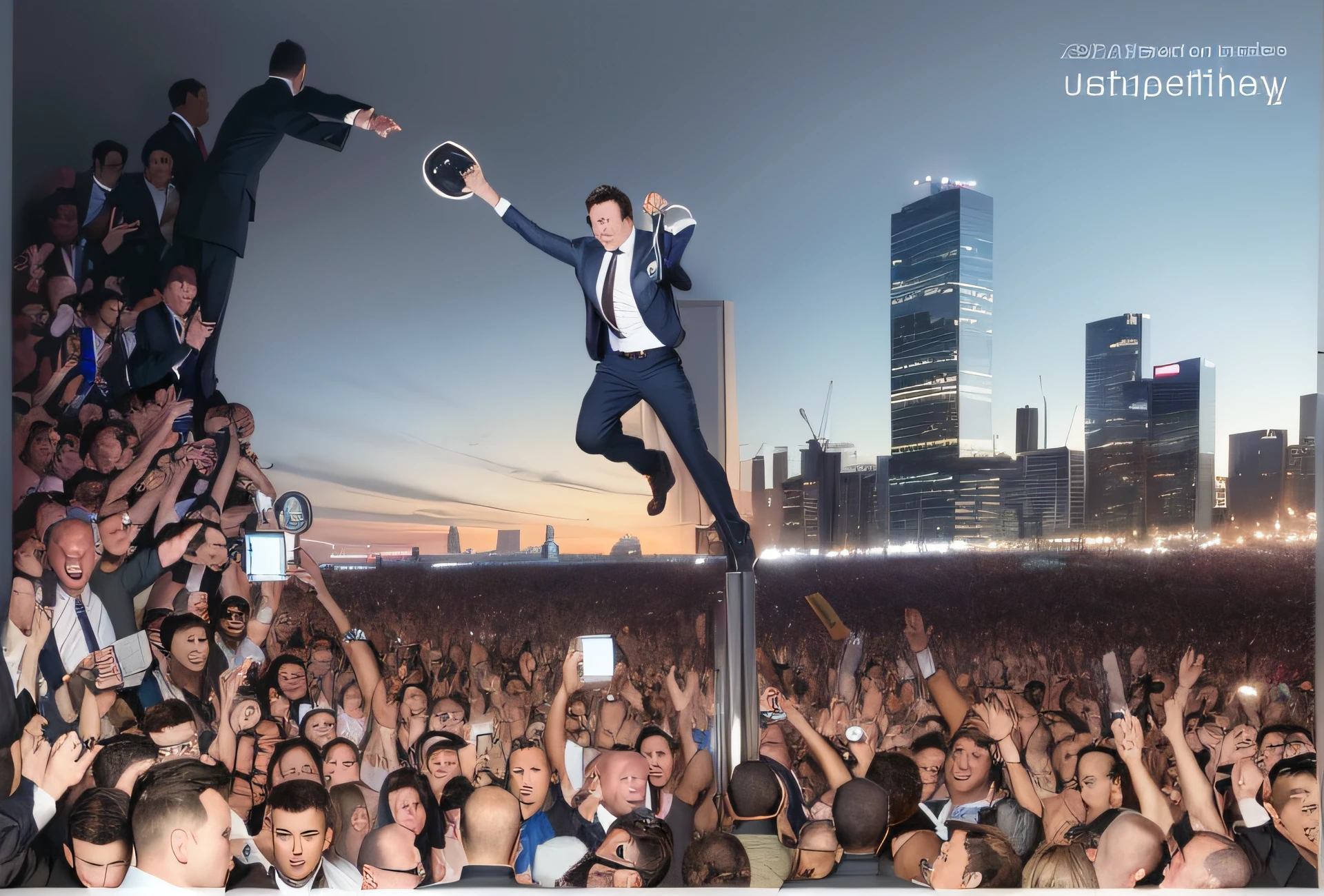 A man with a white-collar worker holding a briefcase，Tired，About to fall，It was lifted up by 1.3 billion people at the moment of falling，Gain strength，urban backdrop，Sketch style，