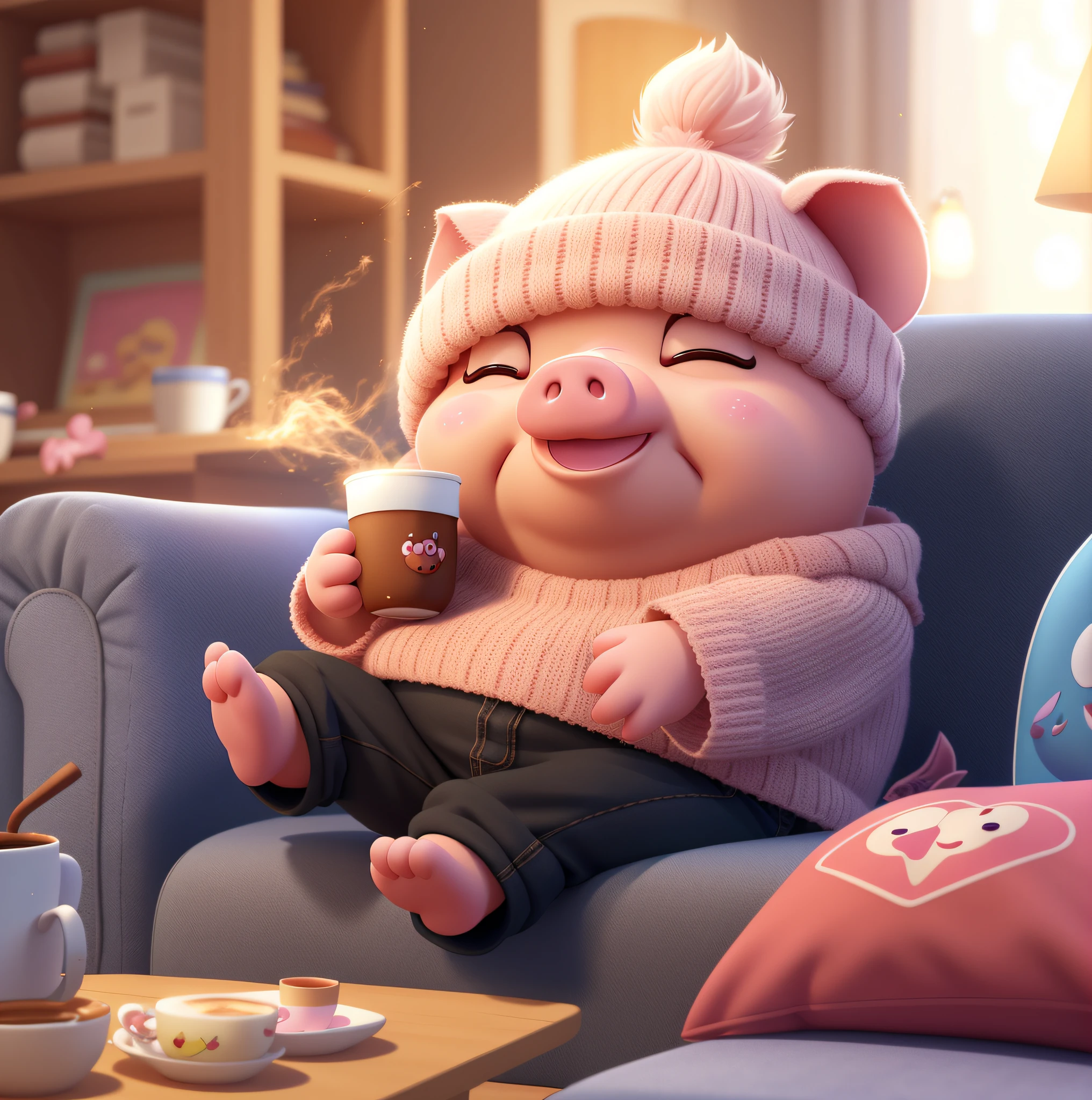 Cartoon pig sitting on couch with a cup of coffee, cute 3 d render, lovely digital painting, pixar cute character design, Cute cartoon character, cute pixar character, Animated Movies, trending on cgstation, Animated Movies, Cute detailed digital art, animated movie still, cute character, adorable digital art, 3 d animated movie, atey ghailan 8 k
