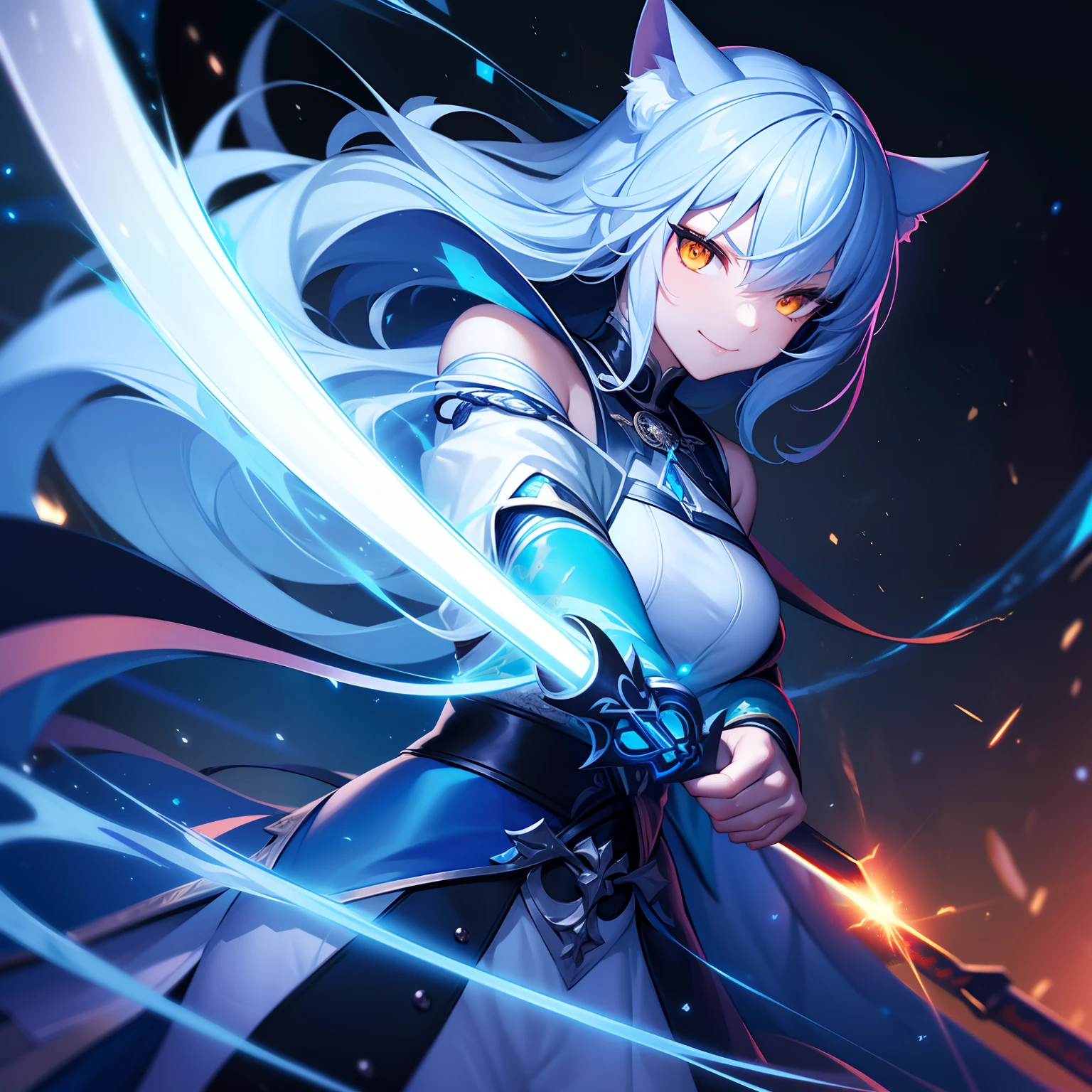 A foxgirl bladedancer with long white hair and beautiful blue cat eyes performe battle dance with swords in both hands, a foxgirl bladedancer with long hair and a sword in her hand, beautiful anime artwork, anime fantasy illustration, digital art , a beautiful artwork illustration, bladedancer detailed art, beautiful anime art, anime fantasy artwork, kitsune, beautiful face, zerochan art