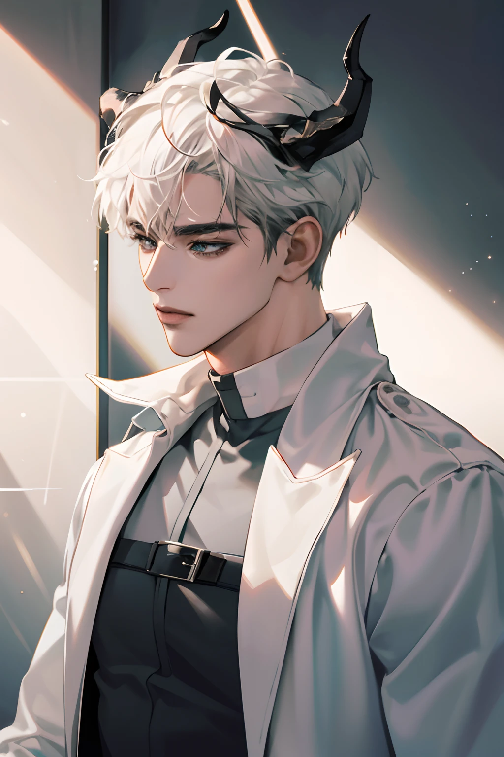 absurds,Hi-Res,super-detailed,official arts,Unified 8k wallpapers,super-detailed,Beauty and aesthetics,Obra-prima,best qality,short white colored hair,Dark skin,There are horns on the head,Cute and handsome boy