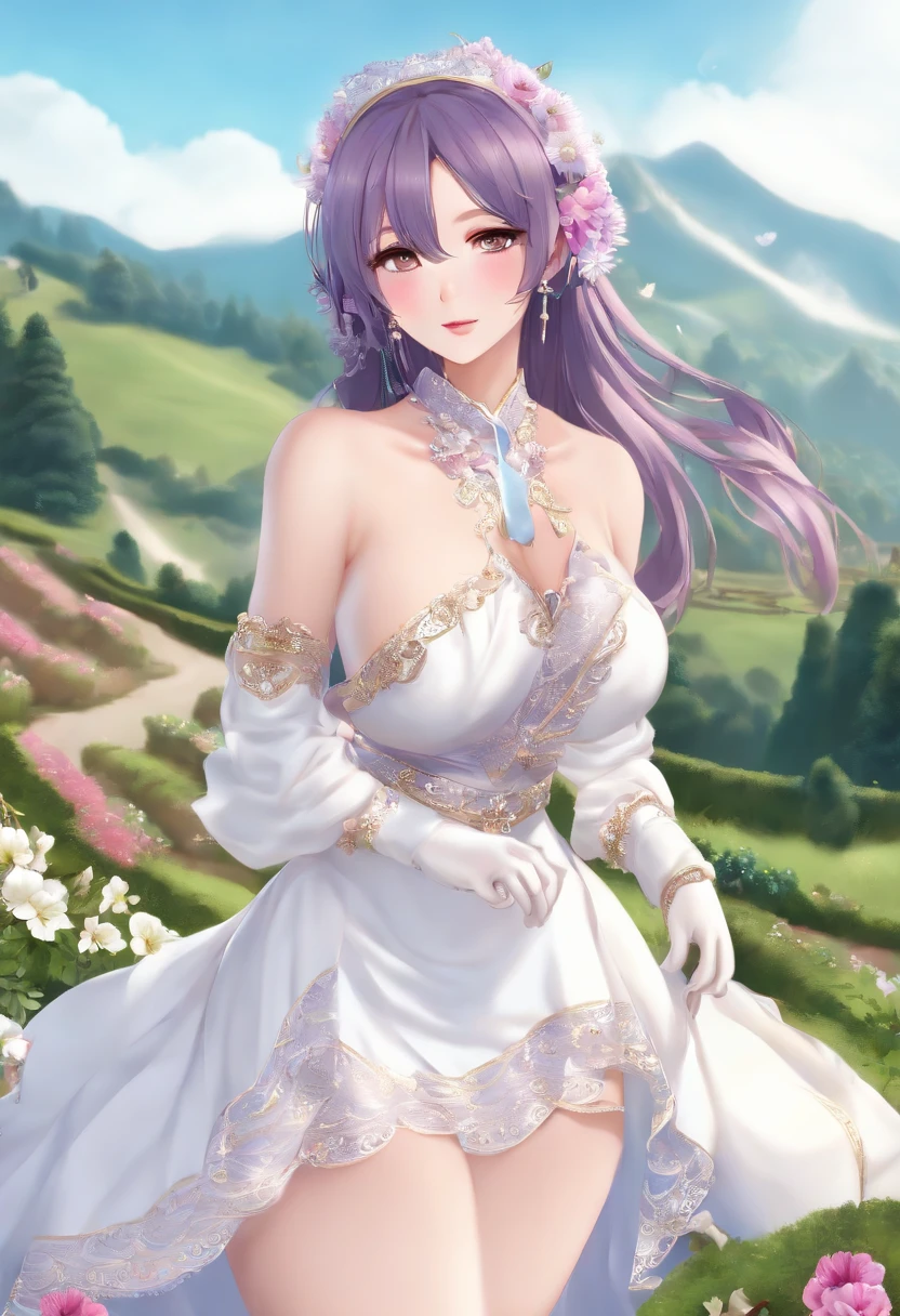 Picture of mountain range on sky background and cloud background、Green field in the foreground、 Call attention、 Purple_long_sleeves_robe、(Purple_Skirt)、 jewely、耳环、gloves、half undress、See-through　、 (brown_long_hair)、brown_Eyes、hair_Over_One_eye、 1 girl in、20yr old、a matural female、Ahoge、Beautiful Finger、beautiful long leg、Beautiful body、Beautiful nose、Beautiful character design、perfect  eyes、face perfect、 looking at viewerer、(Big_Eyes:1.0)、 (NSFW:1.5)、Official art、Highly detailed CG Unity 8k wallpaper、Perfect litthing、colourfull、Bright_front_Face_Lighting、 (​masterpiece:1.0)、(best_quality:1.0)、超A high resolution、4K、The ultra-detailliert、 Photo Shot、8K、nffsw、hight resolution、absurderes:1.2、Kodak Portra 400、film grains、blurry backround、bokeh dof:1.2、lensflare、(Vibrant_Color:1.2) (Beautiful fece,Large_breasts:1.4), (Beautiful_Face:1.5),(narrow_waist), (excessive cum in:1.7), (Bukkake:1.7), , (vaginal,SEX:1.7), (cumdump:1.7)、(Ahegao:1.7)