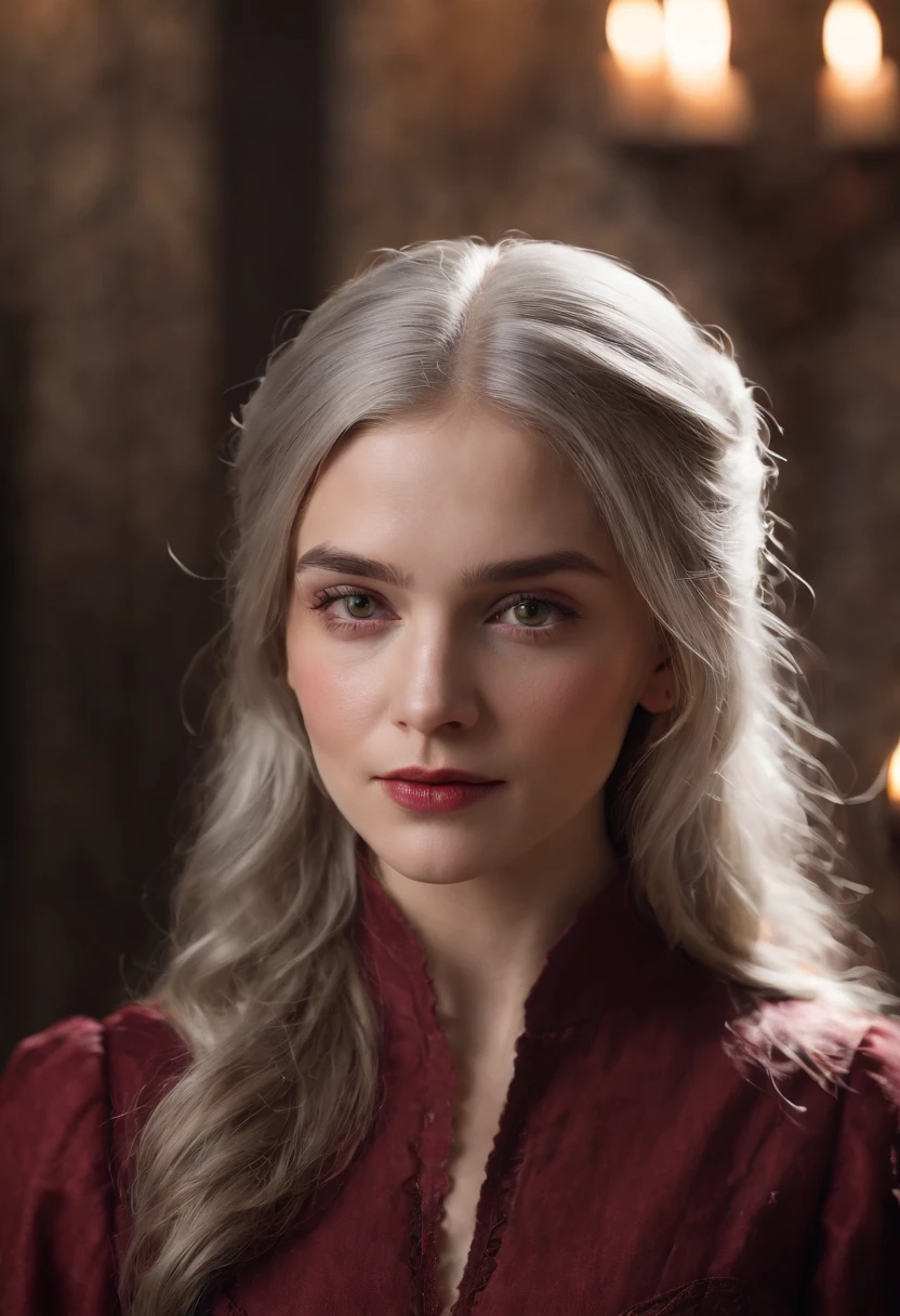(((A deep red wound streaked across her left cheek))) Fair complexion, A woman around 19 years old, Natural gray hair, Unique green eyes, Wear Cole, Slender and graceful, Beautiful, Candlelight in a medieval setting, super sharp focus, realistic lens, Medieval women's clothing, Four colors (Scar:1.4)