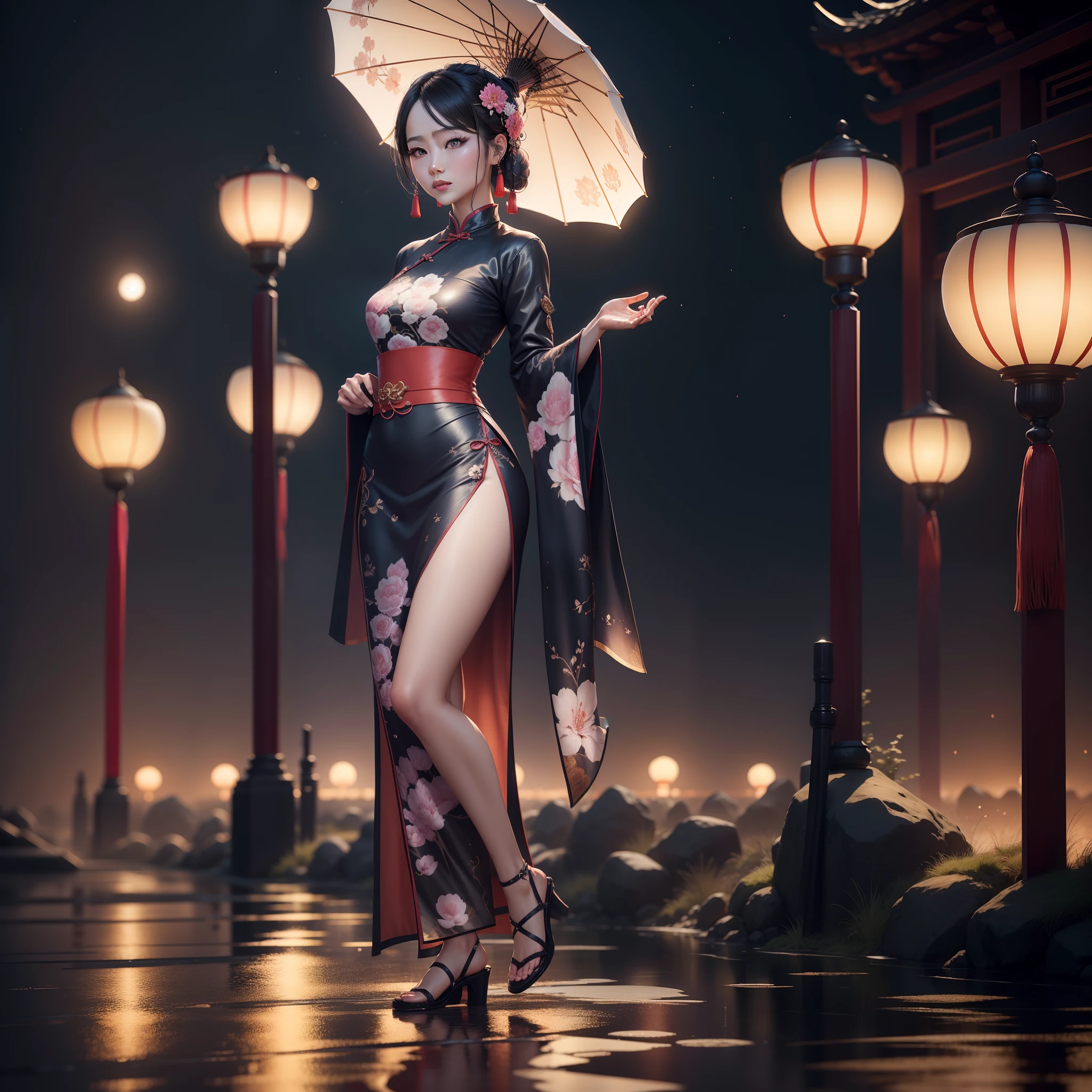 A beautiful chinese woman dressed in chinese design clothes, standing on a wet surface ground,  with chinese designed sculptures in the background with the moonlight and night sky full of stars, chinese designed instruments in the scene, with iridescent light, highly detailed images, vibrant beautiful colours, photorealistic image, 8k, ultra HD, unreal engine rendered, cinematic lighting, artgerm style,