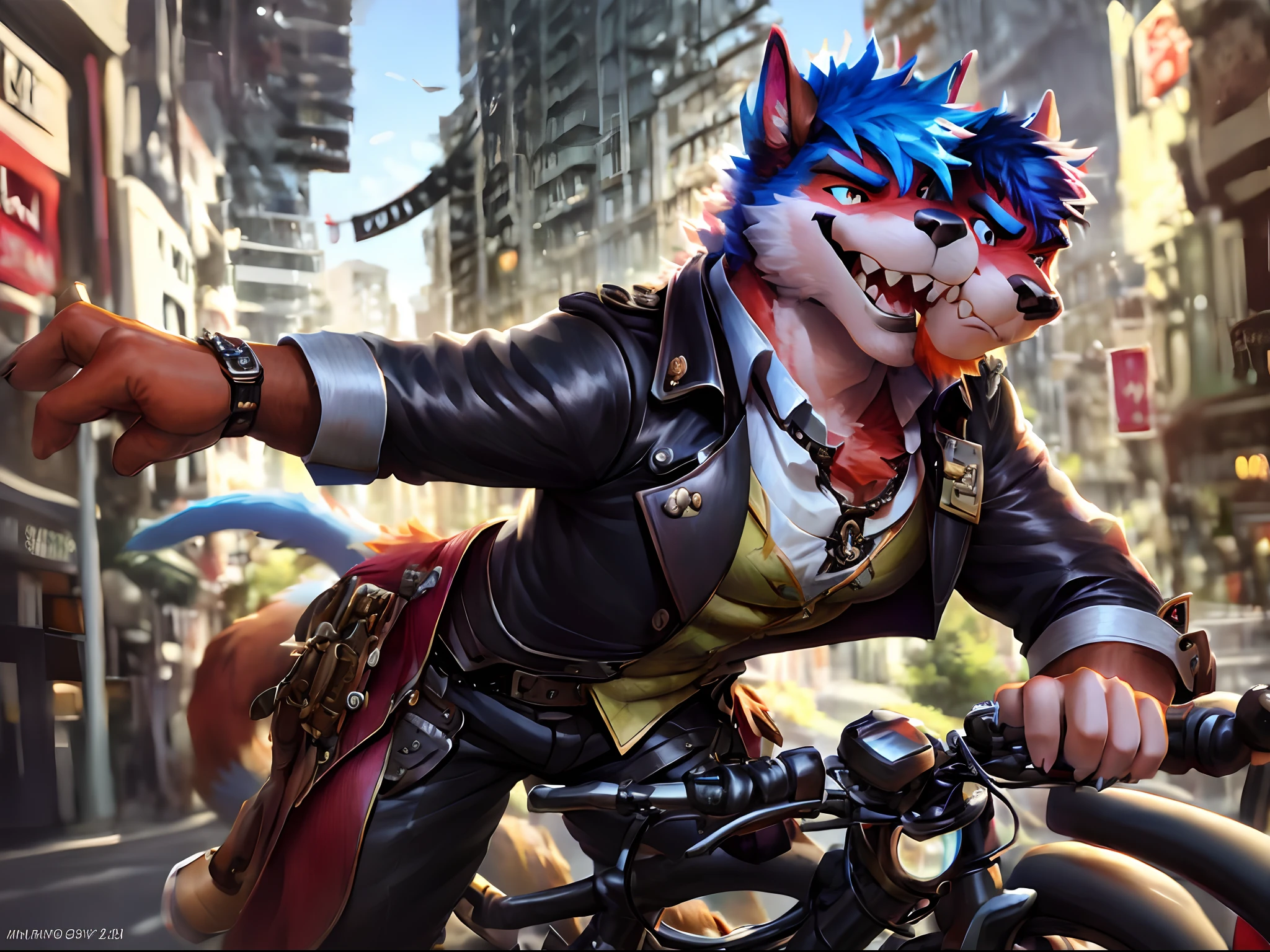 ((2heads)),(furry art, uploaded on e621:1.4), 1boy, (solo_focus), (female) (furry:1.5) anthro, (upper body:1.3), on street, solo focus, detailed face, detailed eyes, detailed fluffy fur, fluffy tail, short hair, digitigrade, seductive pose, suit, fancy pants, digital painting, natural lighting, photorealistic (business suit:1.1), (smug face), smiling (cocky), steampunk