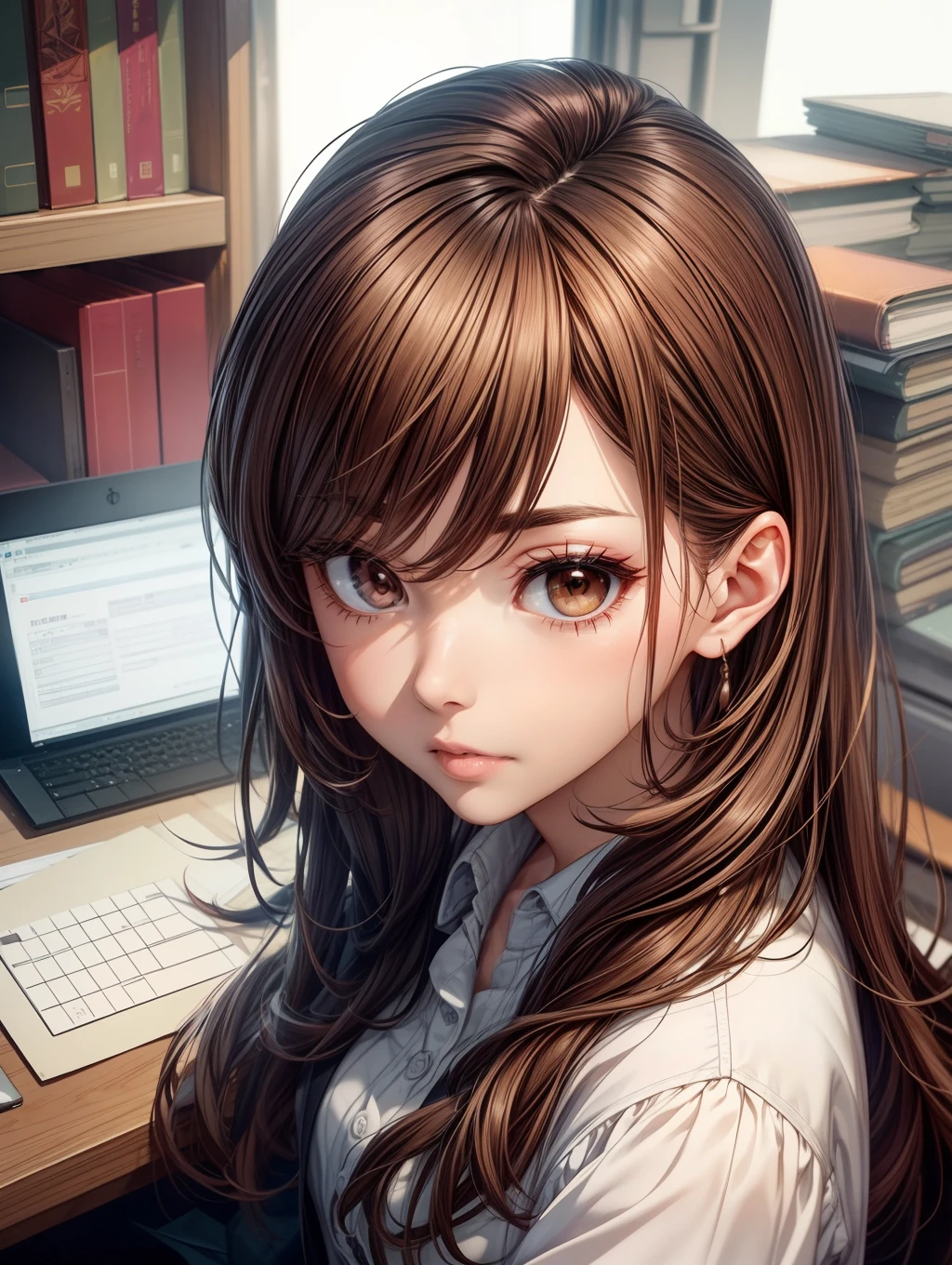 Best Quality, masutepiece, beautiful mature women、Beautiful face、Strong-minded woman、Office Suits、Brown skirt、brown haired、Brown-eyed、Longhaire、Undersized eyes、Full body like、I have a lot of files、Drop a file