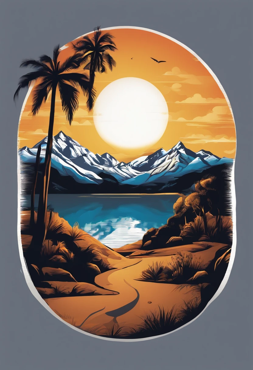 Print-ready vector T-shirt design, An adventure's scene, The background is beautiful night sun and mountains, Clean white background, Professional vector, Full shot, 8K resolution, Impressive illustration