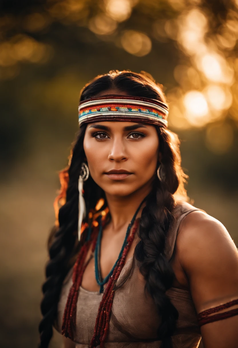 A young Native American wrestler beautiful lady,olhos negros,light Native American makeup,american indian tattoos on the faceusing feather american indian colorful headband ،braided hair ,Accessories, fundo colorido,setting sun,a cavalo,