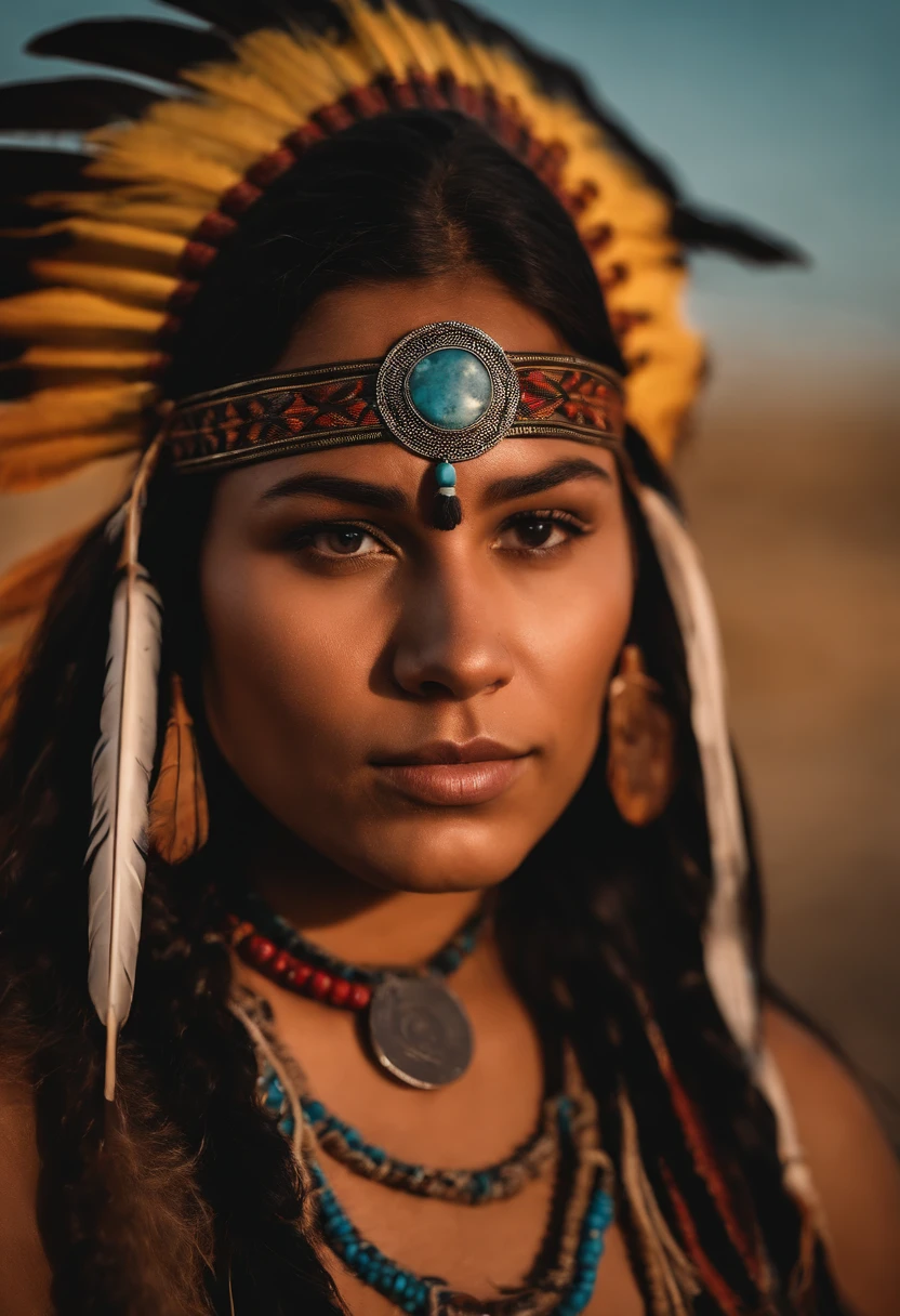 A young Native American wrestler beautiful lady,olhos negros,light Native American makeup,american indian tattoos on the faceusing feather american indian colorful headband ،braided hair ,Accessories, fundo colorido,setting sun,a cavalo,