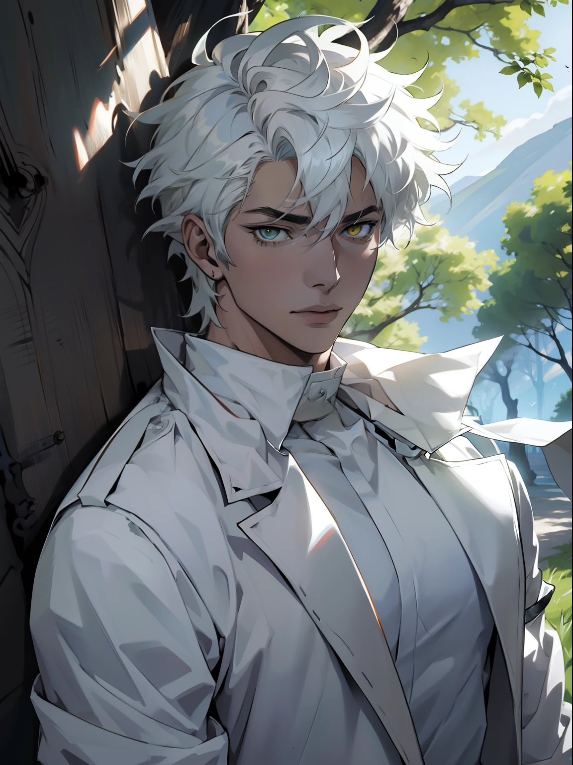 Anime character with white hair and yellow eyes standing in front of a green tree, Hajime Yatate, Dios de pelo blanco, Nagito Komaeda, Koyoharu Gotouge, Retrato de anime de un hombre guapo, Hombre alto de anime con ojos amarillos, Anime hombre guapo, Un loco de pelo plateado, Cangcang de pelo blanco, Chico guapo en el arte del asesino de demonios, Arte oficial