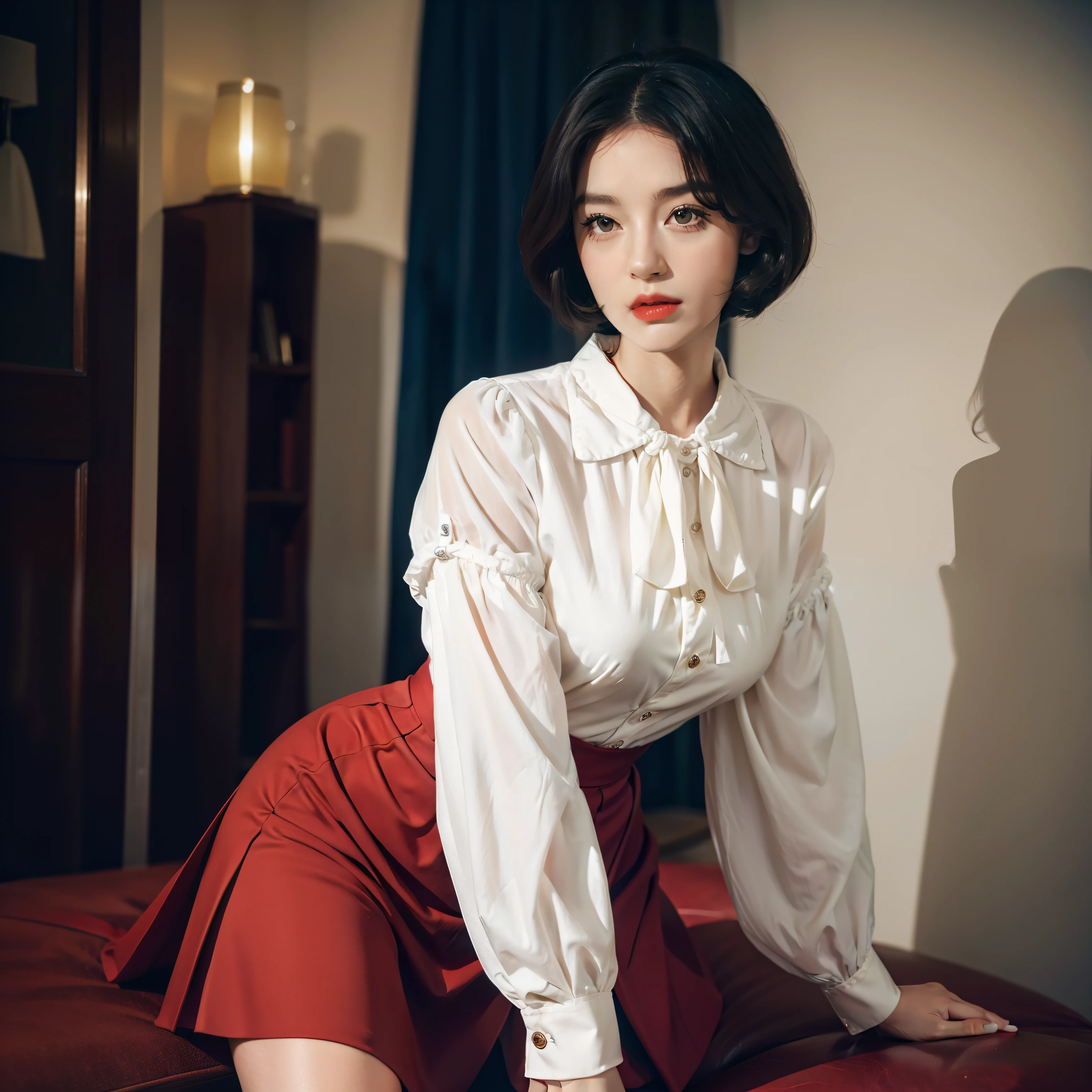 Mallory Malone's costume description is very detailed and、、、Features a unique and interesting style. In a white long-sleeved blouse of your choice、A fitted black knee-length skirt with red accents creates a striking visual contrast. The addition of a black heel with ankle strap is、Adds a classy touch to the look. Apart from clothes, Vintage 1950s Bob Hairstyles、Adds a retro and timeless element to Mallory Malone's style. This type of hairstyle is、Known for its neat and short appearance, Typically、Jaw length with both ends turned inward. This hairstyle selection is、Add a vintage touch to the look、Complements Mallory's overall style. Makeup also plays an important role in the appearance of Mallory Malone. Although there are no specific details about makeup mentioned in the description, It is possible to imagine that she may be rocking a 1950s-inspired look.