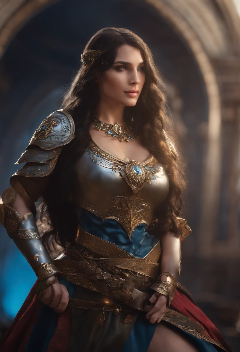 1girll, Armor, black_Hair, Blurry, Blurry_Background, Blurry_foreground, Breasts, Blue_Eyes, Closed_Mouth, Depth_af_Field, Earrings, jewelry, Long_Hair, Looking_at_peeping at the viewer, Smile, Solo, The upper part of the body_Body