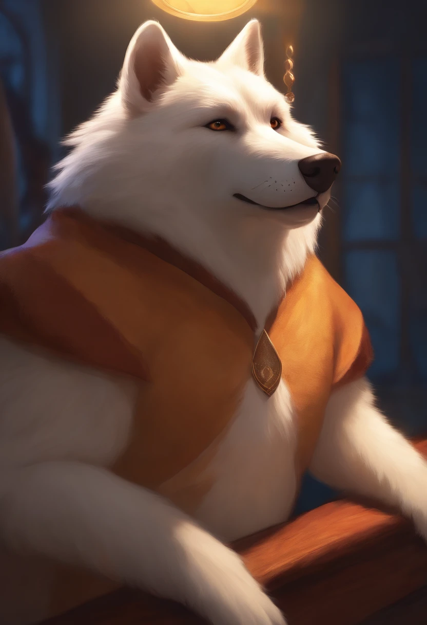 mammal, canid, Human solo, furred, Domestic dogs, A high resolution, Colorful fur, White body,，lamplight，Shirtless，bust，male people，Furry art, Chubby