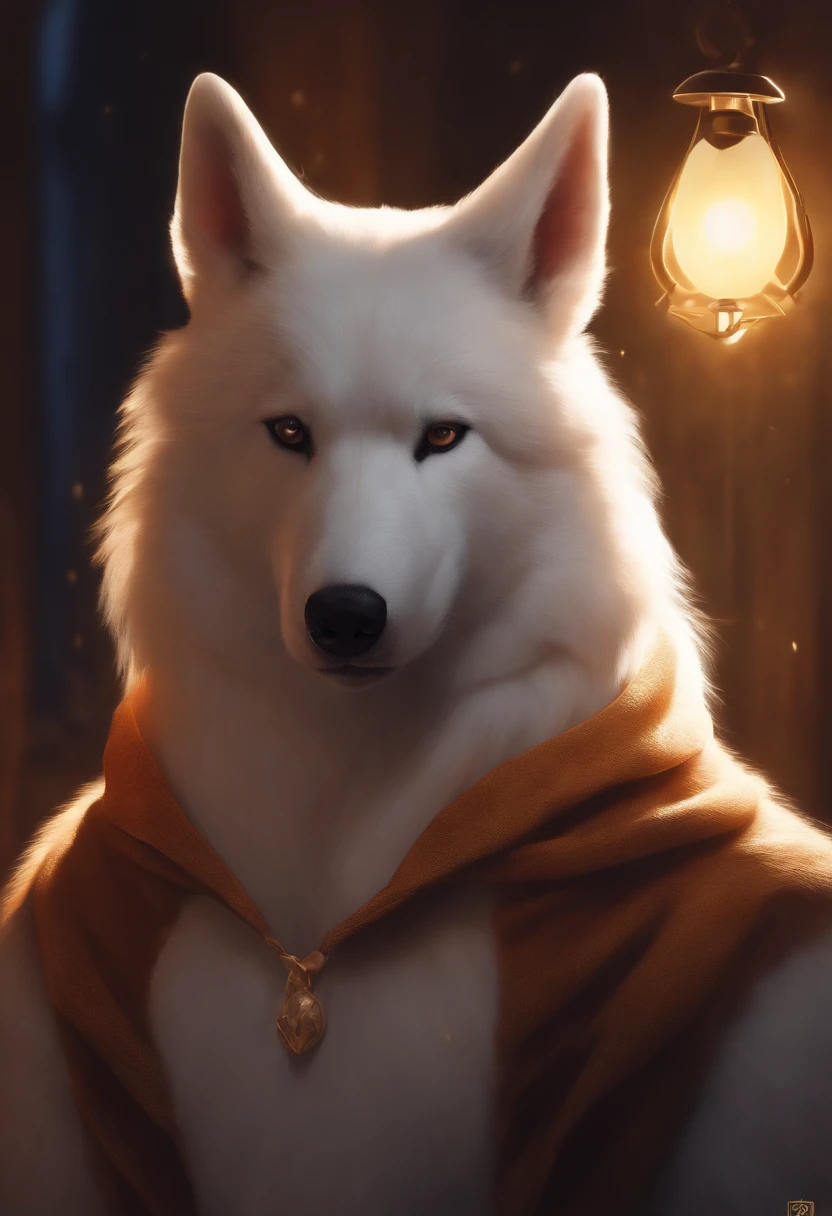 White wolf puppy. , , Male, holding, is sitting, weapon, Male focus, horns,Background to the war, colored leather, fire, candle, Without clothing , completely naked. testicles between legs , ((Masterpiece, Best quality))