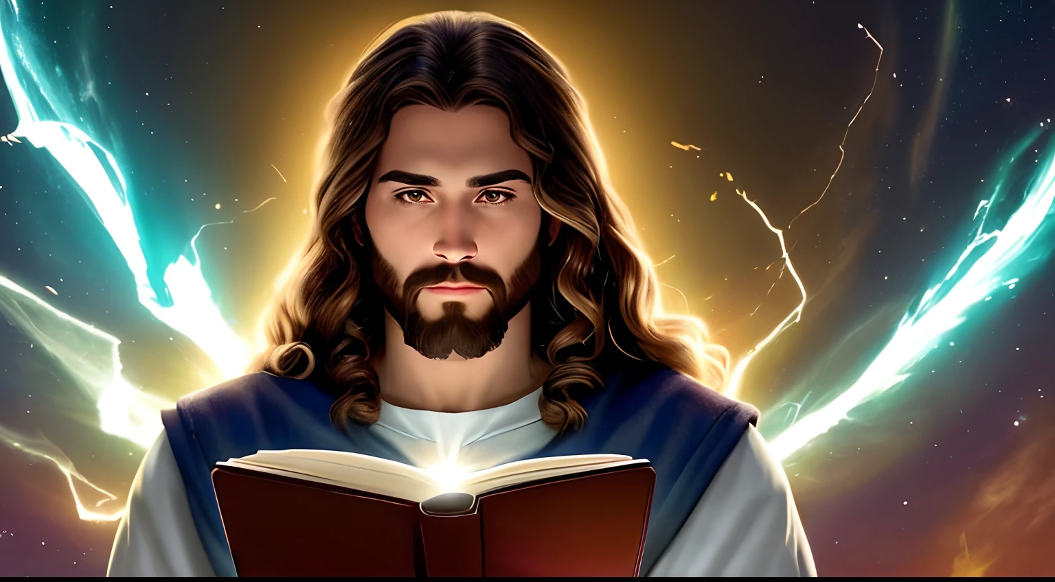 (alta qualidade: 1.3), Cinematic Still Shot, obra-prima, (foco nítido: 1.5), (fotorrealista: 1.3), medium portrait of (Jesus holding a HOLY BIBLE IN A FLASHY SETTING), fundo detalhado, clear lighting, twilight lighting, volumeric lighting, detalhes complexos, UHD,