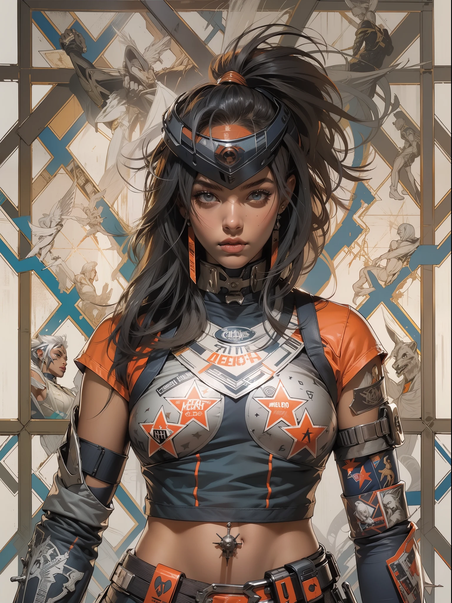 (((mulher))), (((melhor qualidade))), (((obra prima))), (((adulto))), (((1girl))), ((( corte de cabelo bob ))), Uma gladiadora cyberpunk mulher de 25 anos com corpo perfeito, shoulder pads with metal spines, Gladiadores do Brooklyn, (( corte de cabelo bob )), tiny leather panties, camiseta de time de rugby rasgada, quase nua no estilo selvagem urbano de Simon Bisley para a capa da revista Heavy Metal, Cabelo loiro curto, Minimum clothing, Metal protection on the left arm with intricate graphics, dark orange with white stars and checkerboard pattern white and navy blue and copper, armadura, cheio de pontas e rebites, (((do joelho pra cima))), cabelos loiro branco curto, no fundo uma parede pintada por Shepard Fairey com um design intrincado